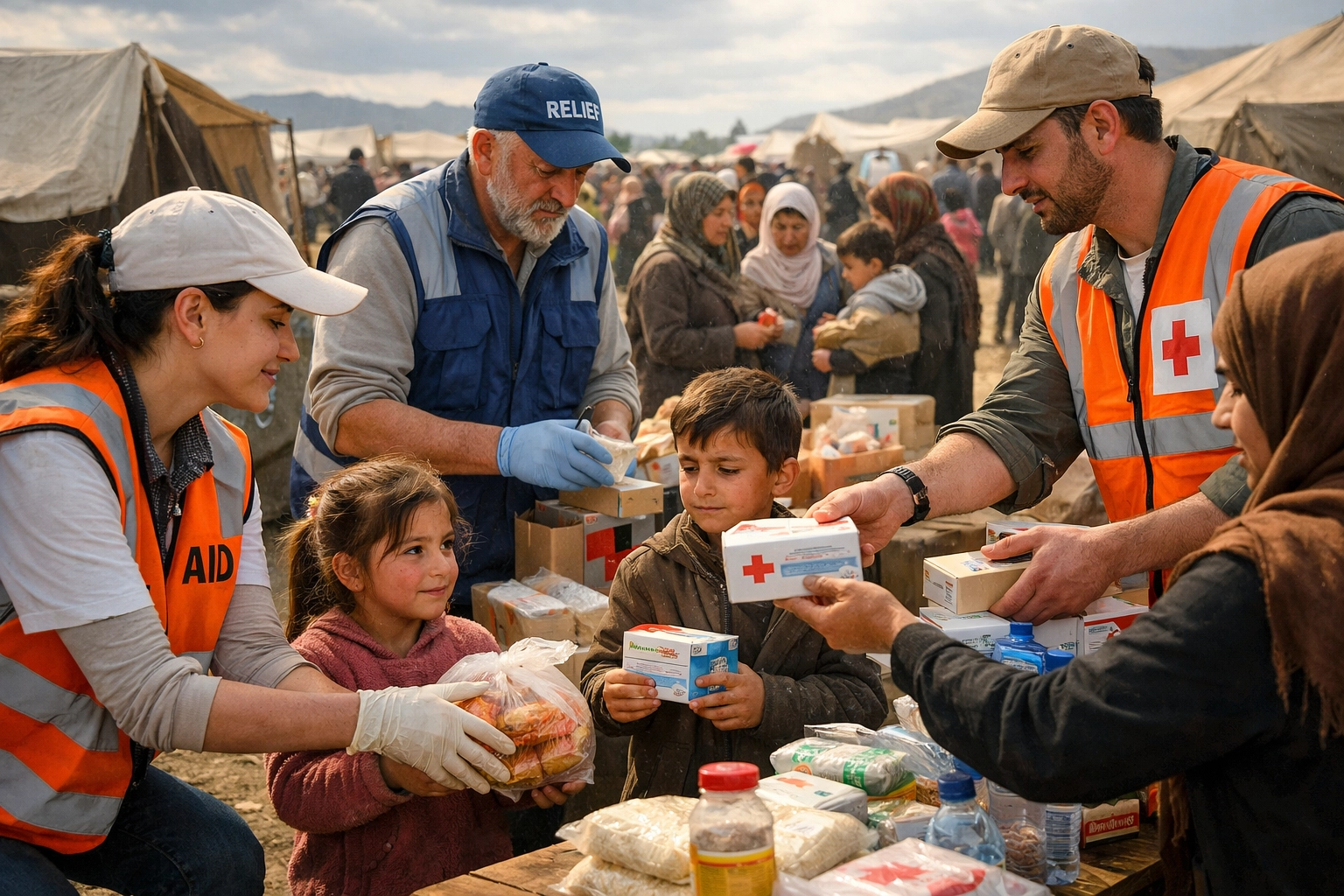 Humanitarian aid workers distributing supplies and care to families in need