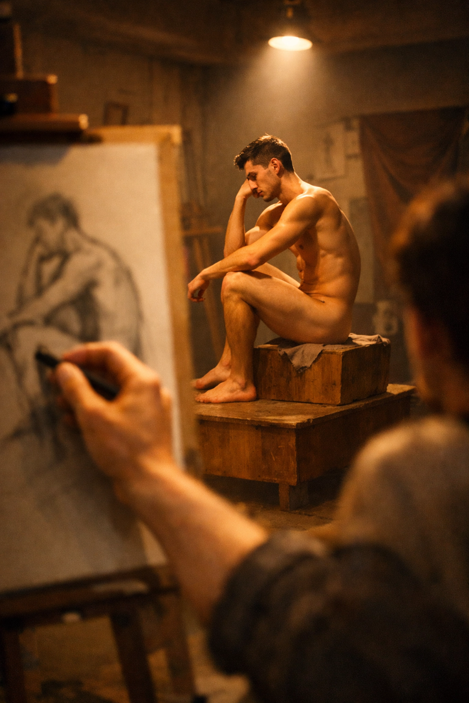 Male model posing for a charcoal sketch in an art studio, highlighting the beauty and lines of the male body.