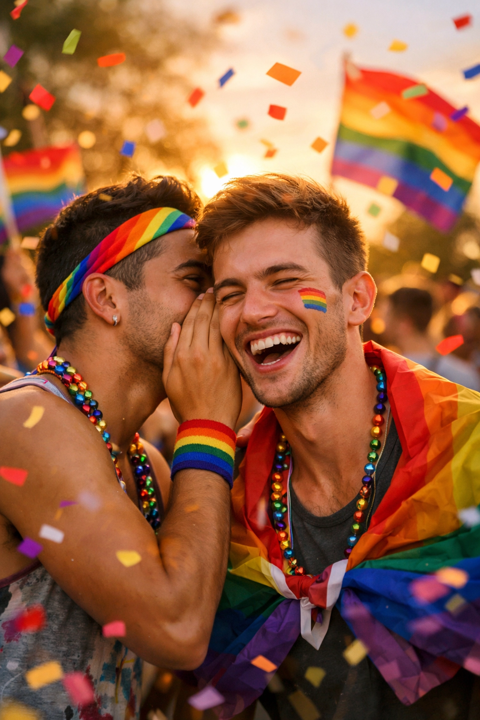 Two gay men laughing together at pride celebration with rainbow flags and confetti