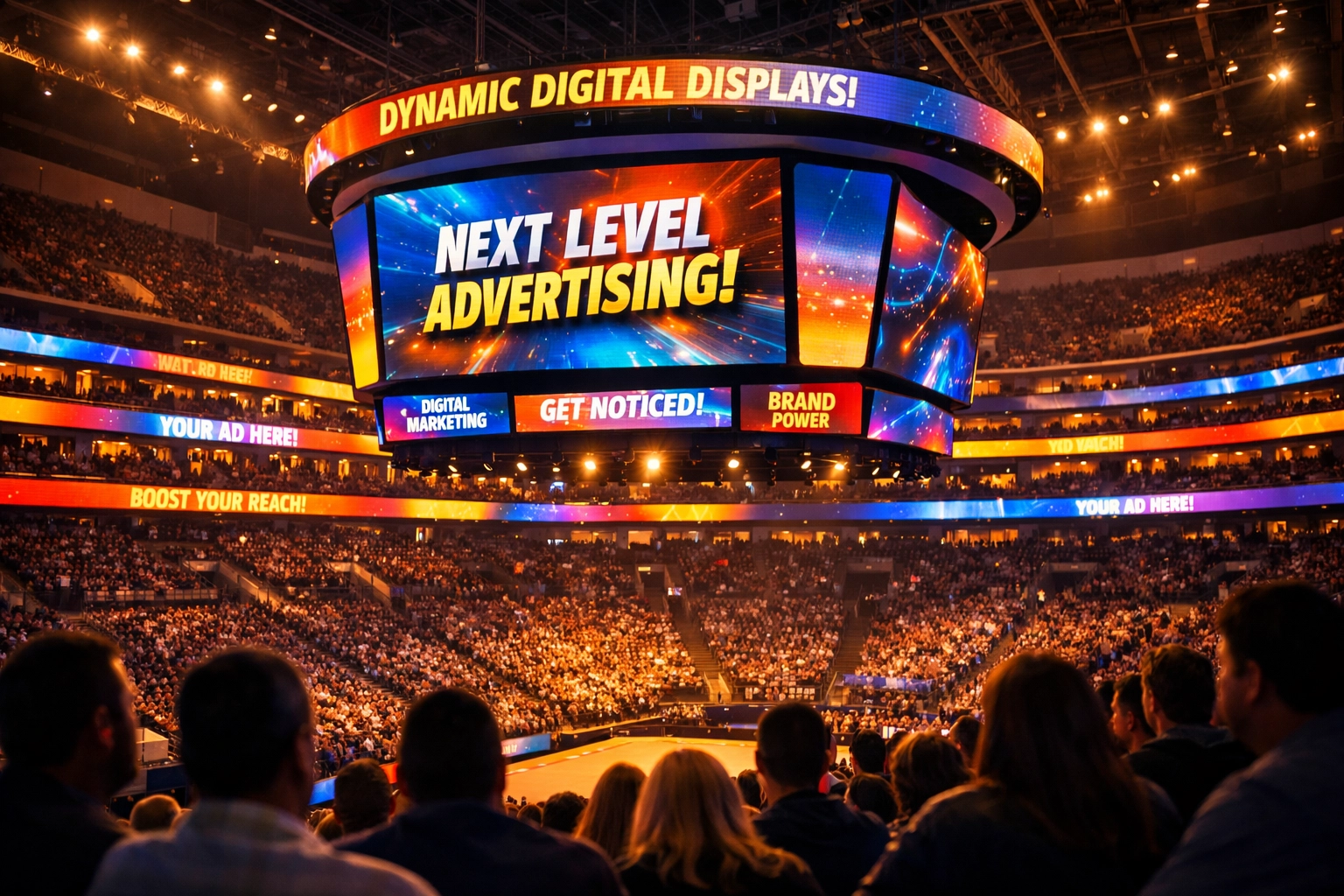 Sports stadium interior with LED ribbon boards and digital advertising displays for in-venue marketing