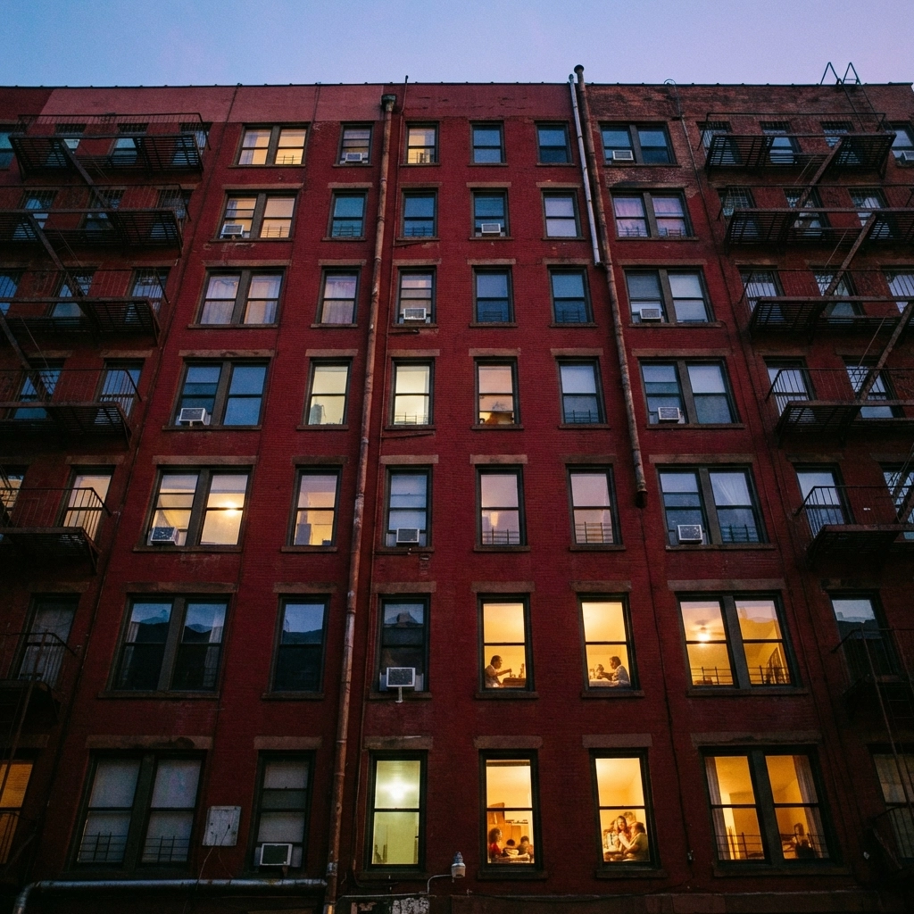 An upward shot of a city apartment building at dusk, with some residents turning their lights on. 