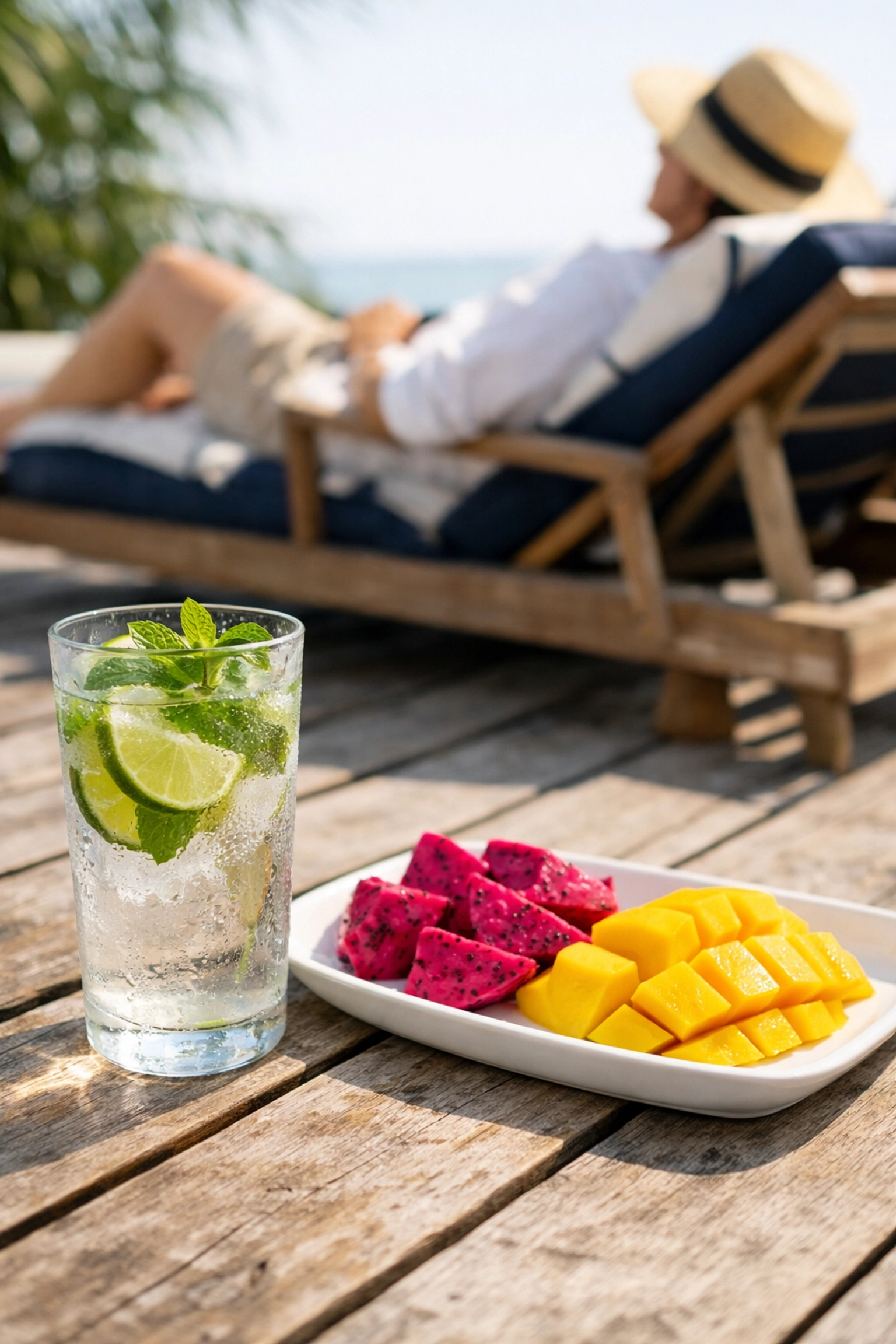 Fresh fruit and infused water on a sun-drenched deck for optimal hydration during a sea voyage.