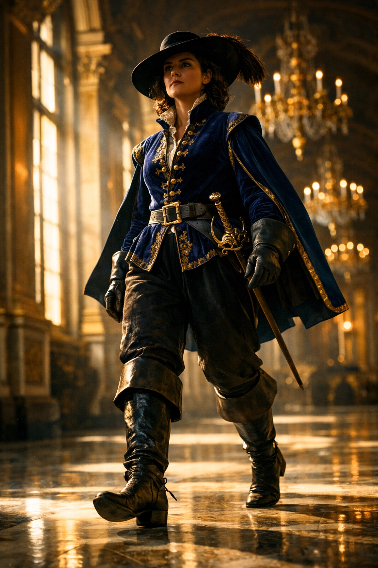 Queen Christina embodying butch energy in men's breeches and boots within a palace.