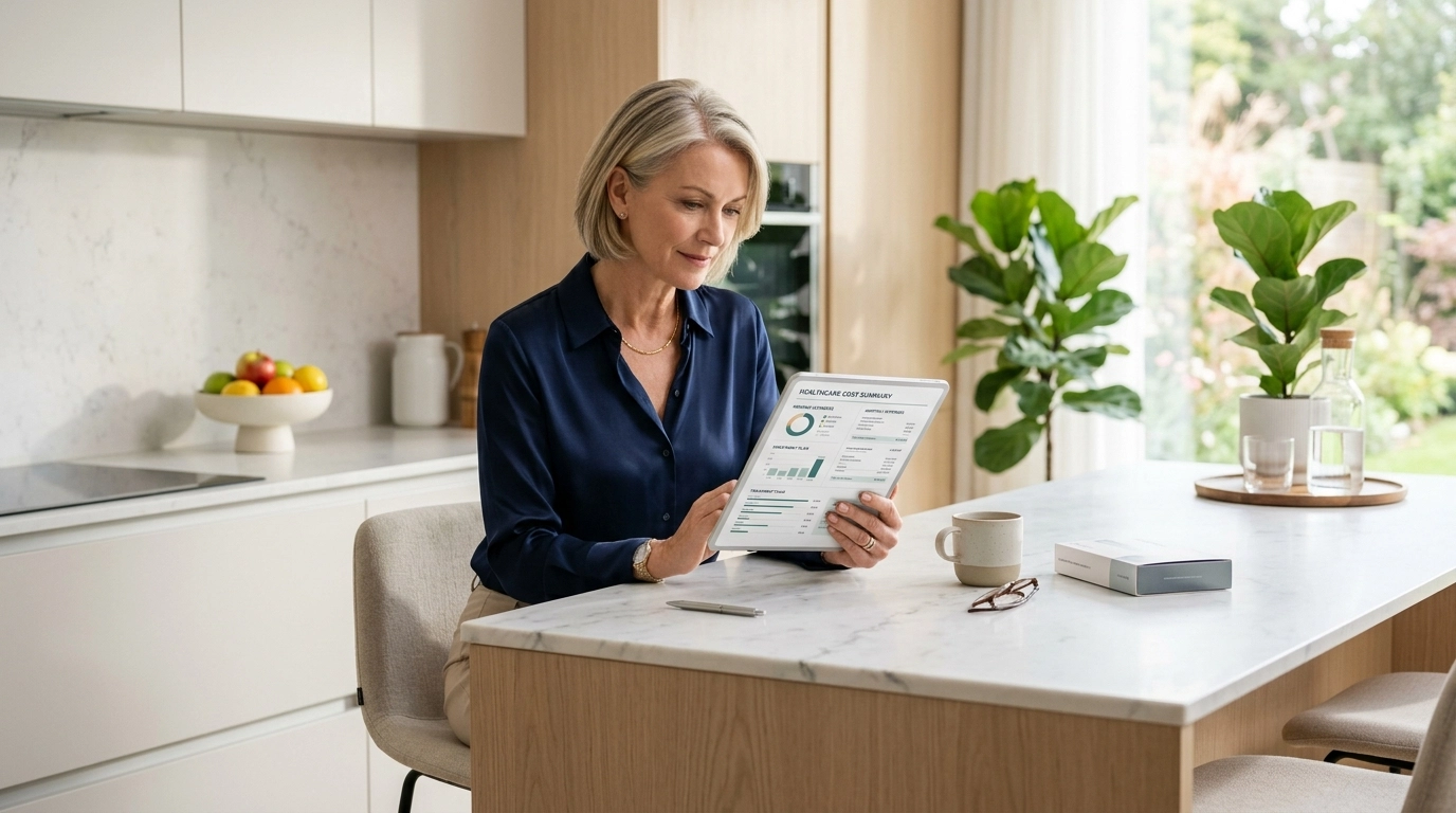 Featured Image - Premium minimalist lifestyle photography showing a patient reviewing GLP-1 treatment costs in a clean, modern setting