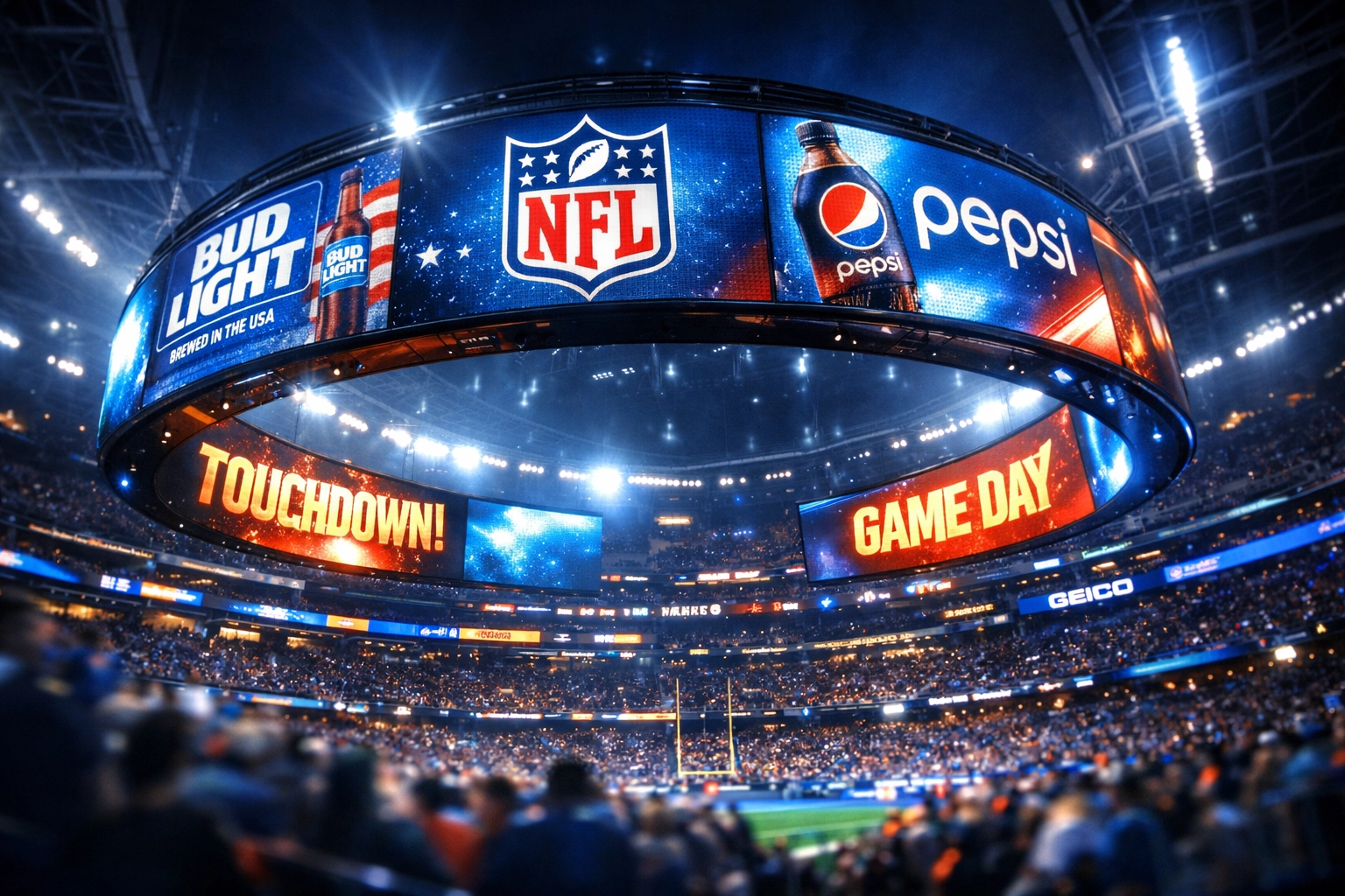NFL stadium jumbotron and digital advertising displays during Super Bowl game day