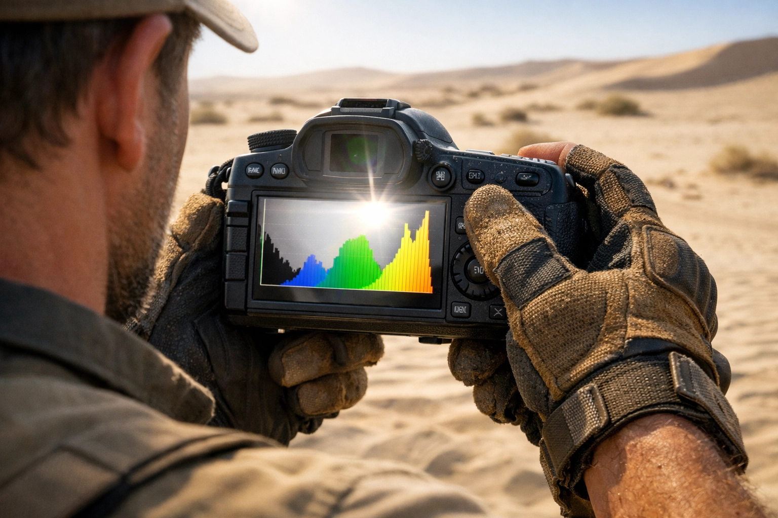 Photographer checking the camera histogram on a sunny day to avoid manual mode mistakes caused by screen glare.
