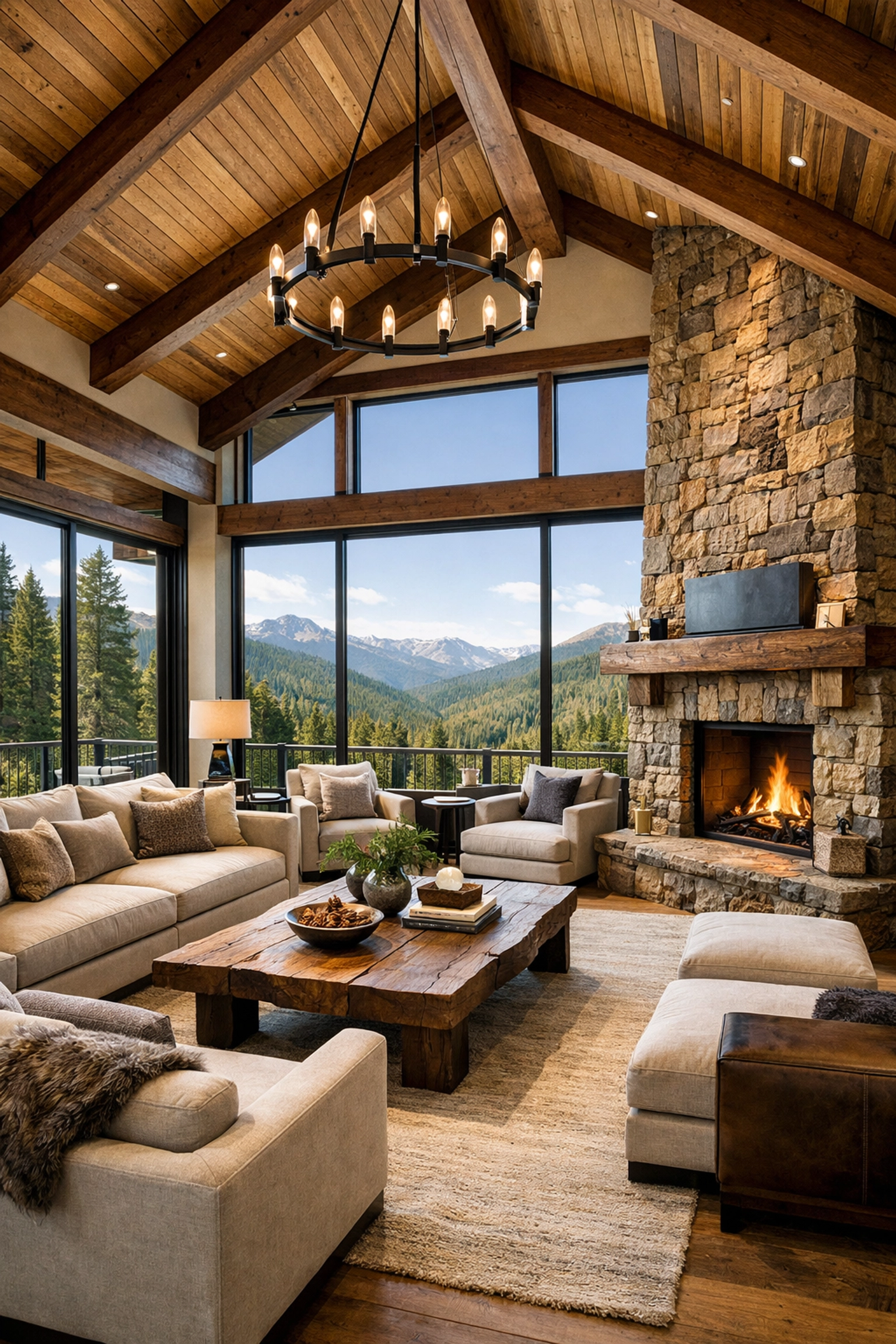 Mountain modern luxury home interior in Cle Elum with vaulted ceilings and a stone fireplace.