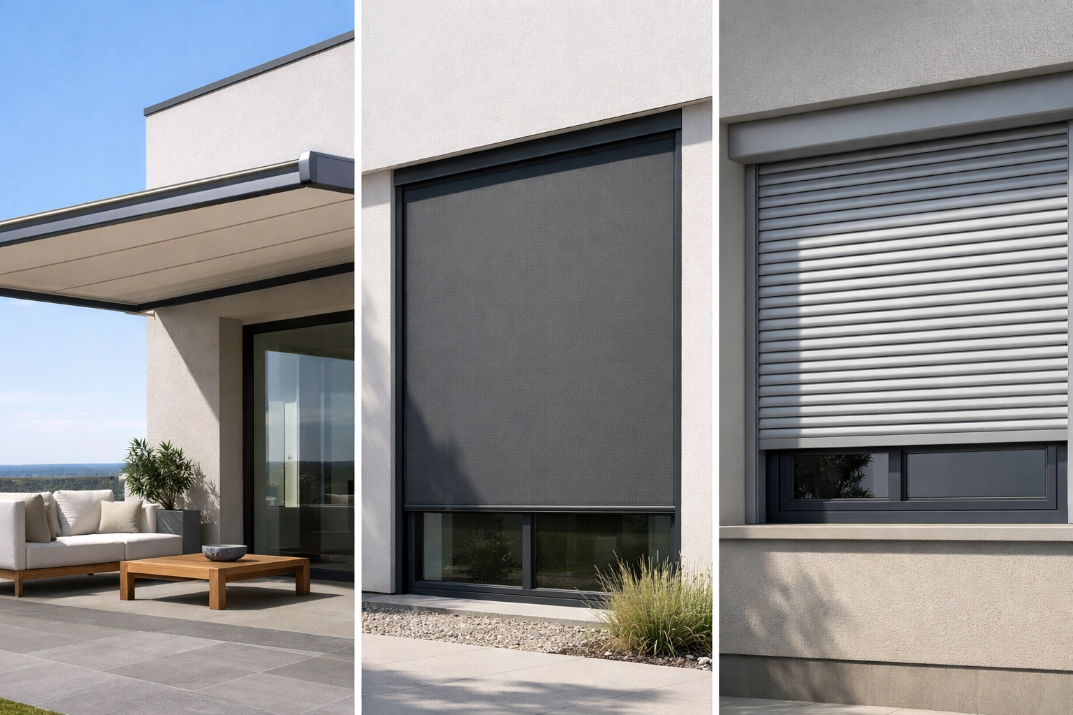 Vergleich Sonnenschutzlösungen: Markise, Zip-Screen und Rollladen an moderner Fassade