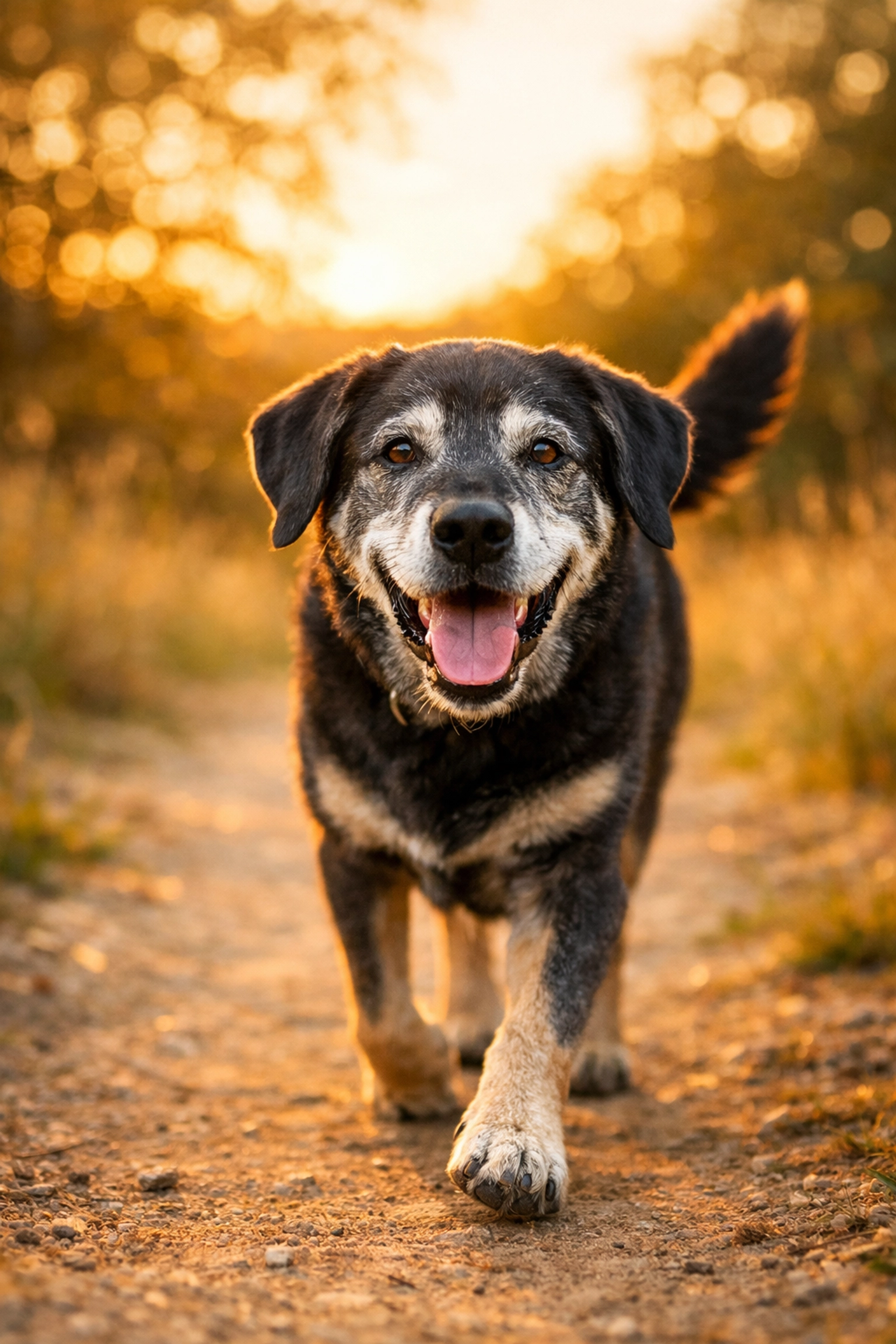 Happy senior rescue dog enjoying outdoor walk after finding forever home