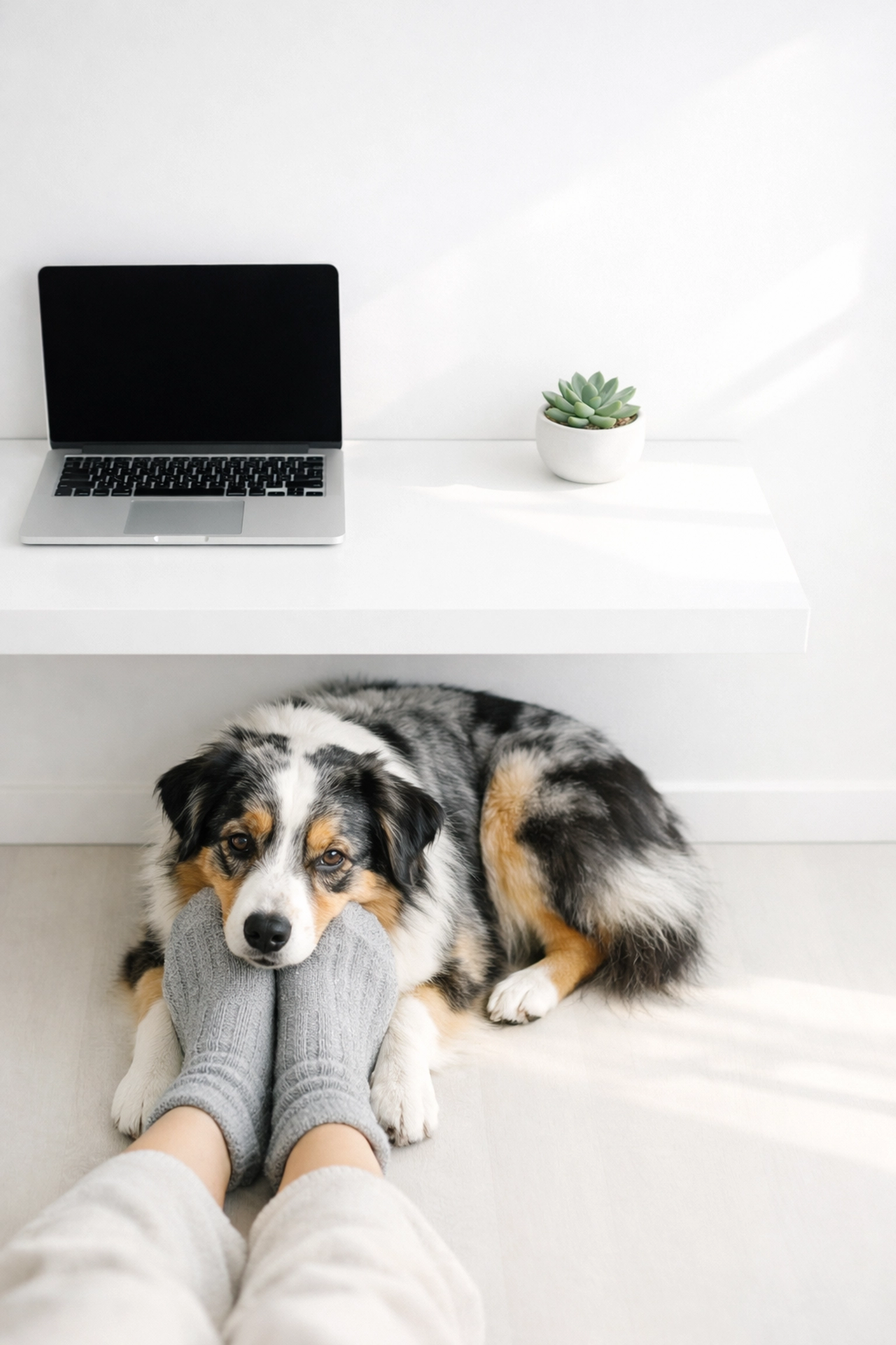 An employee at a desk with a dog, showing how pet benefits drive employee retention and loyalty.