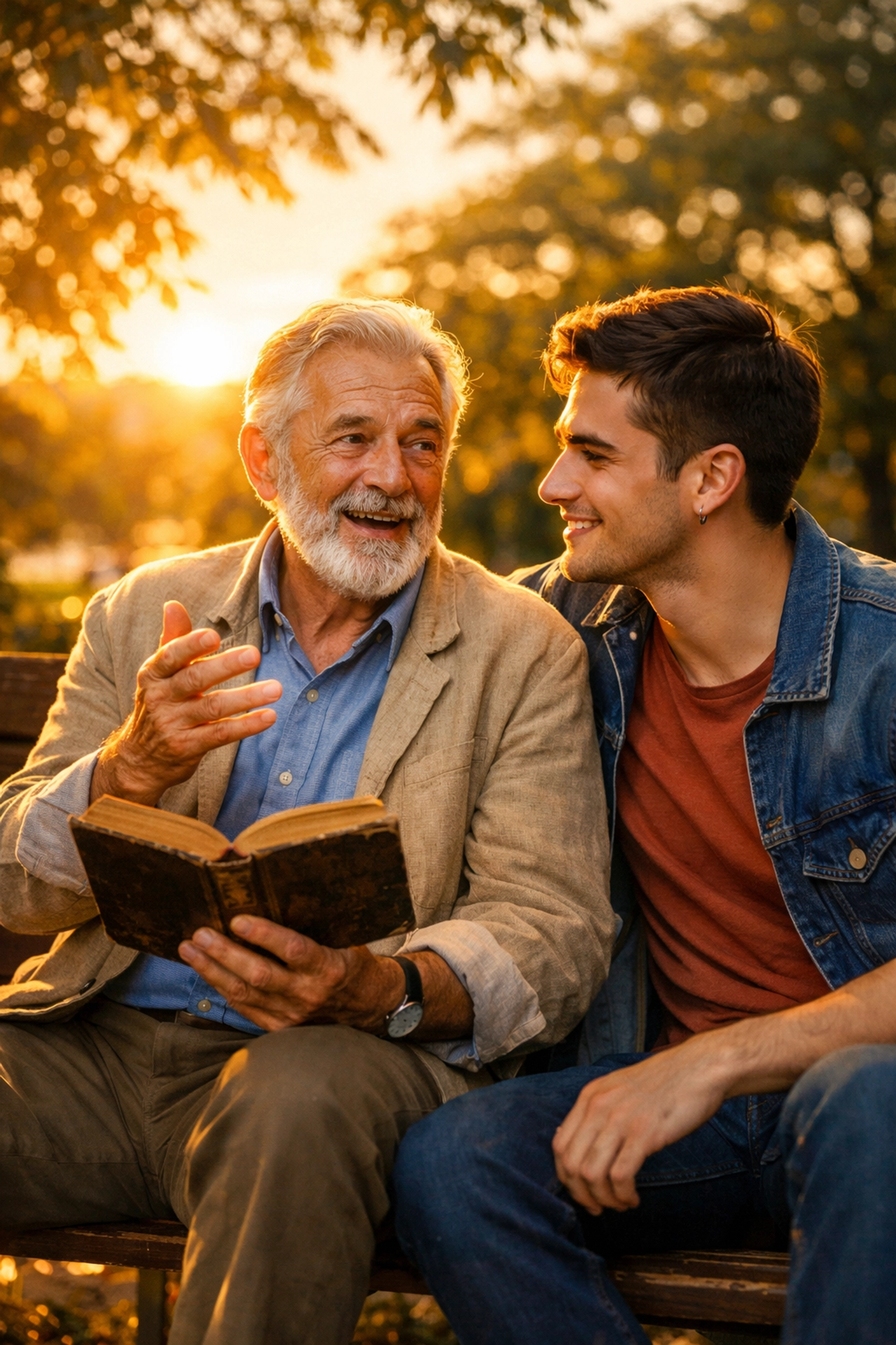 Elder gay man sharing wisdom with a younger man, reflecting the found family bonds in best MM romance books.