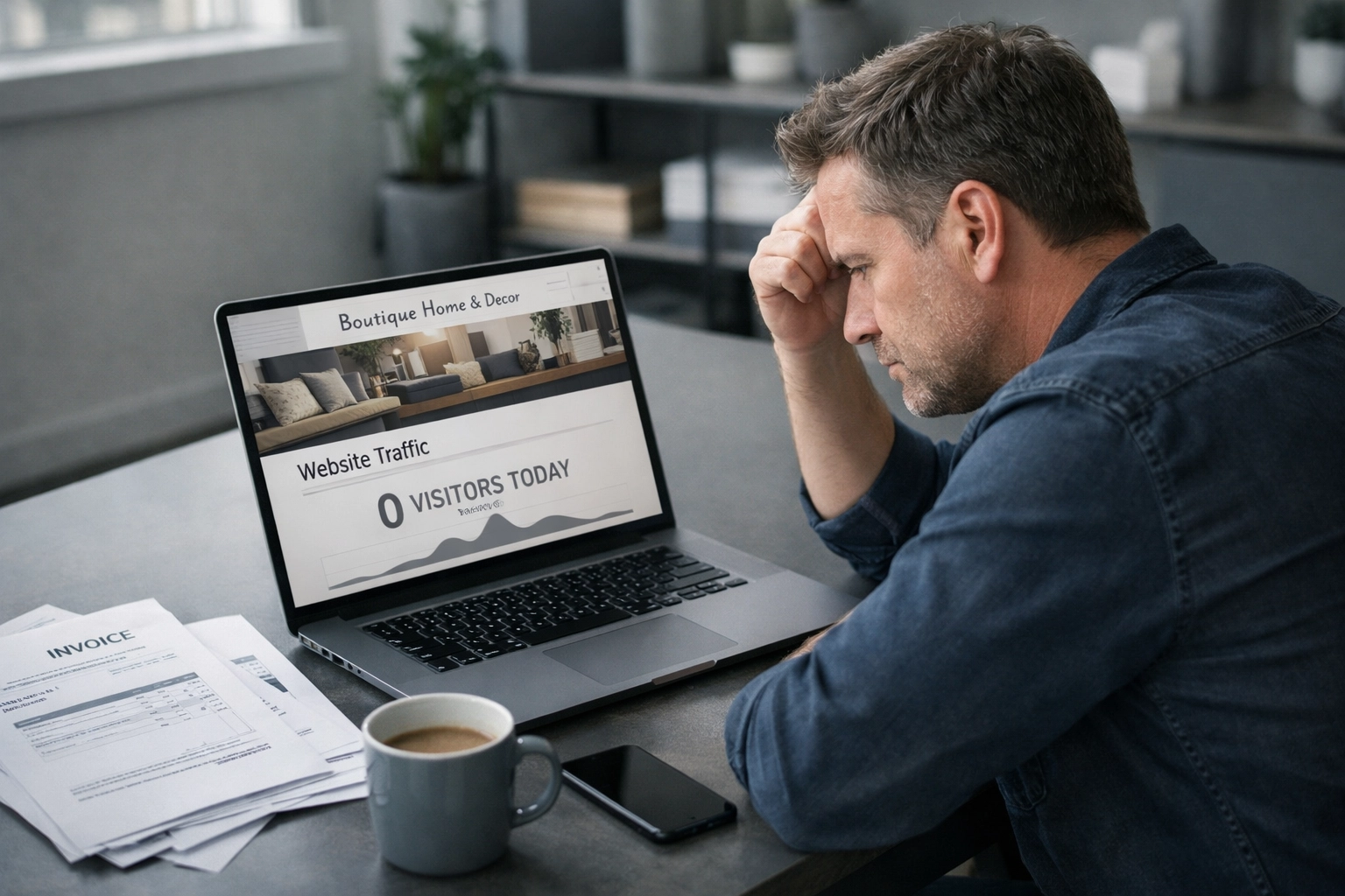 Small business owner reviewing website analytics showing low traffic without local SEO