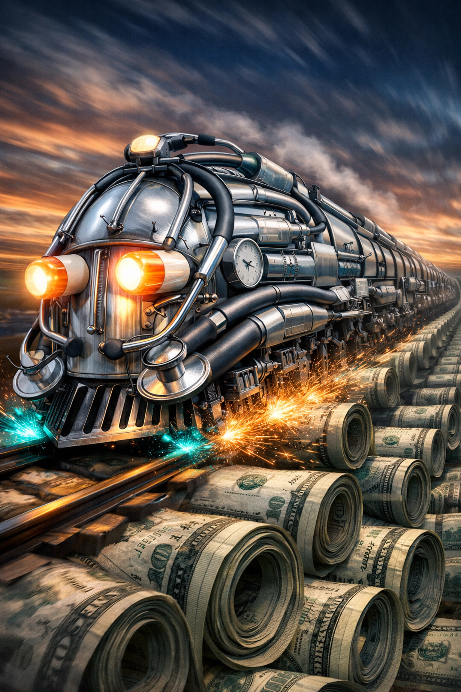 Medical equipment locomotive on a track of money representing runaway healthcare costs in the economy.