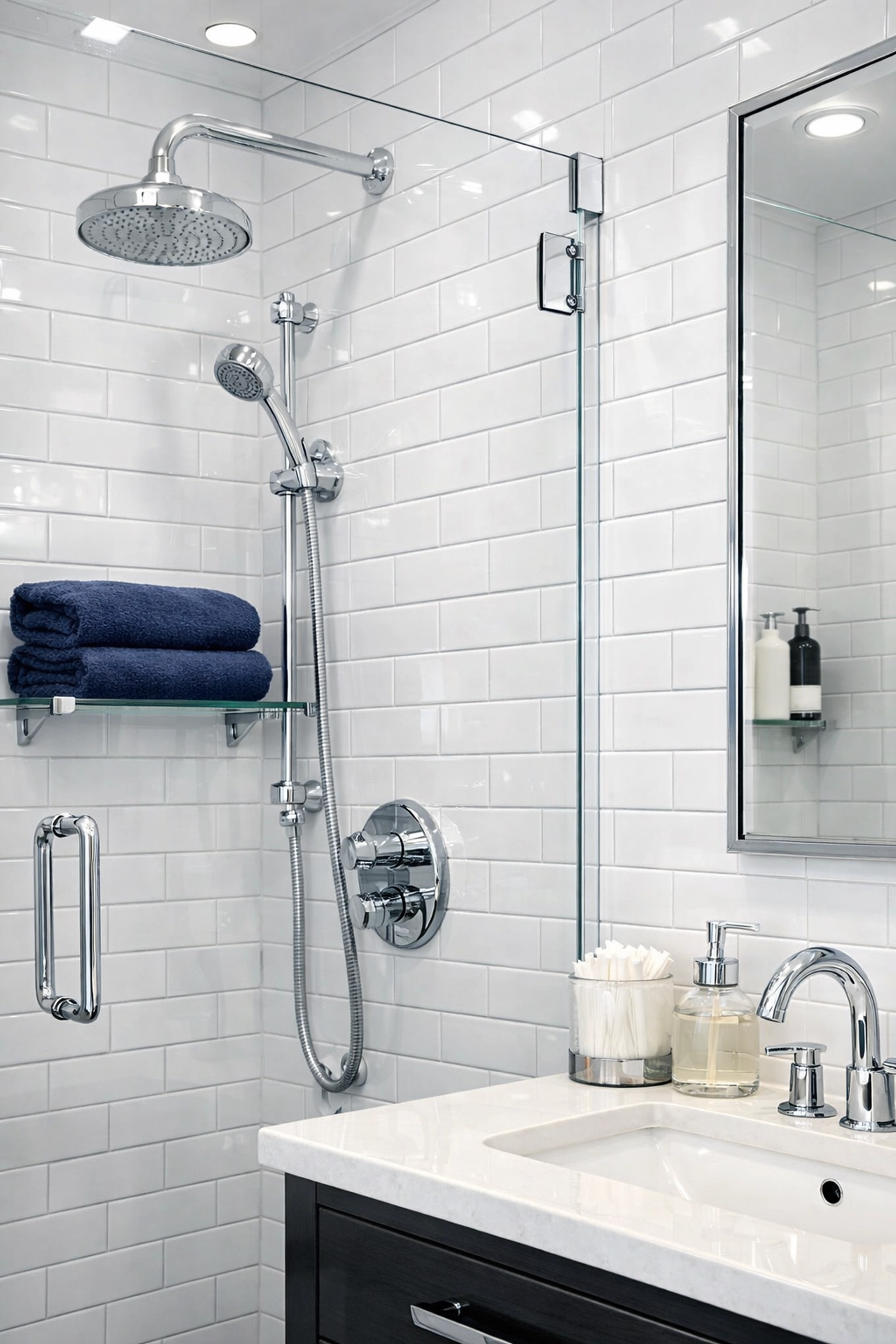 Deep cleaned bathroom in Littleton with sparkling white tiles and polished chrome fixtures.