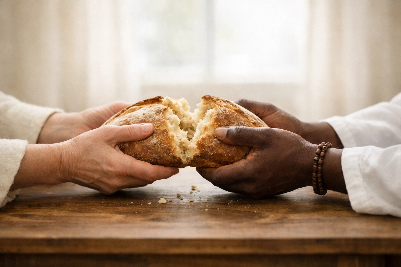 Two people sharing bread at a wooden table, illustrating community hospitality and the biblical mandate to love mercy.