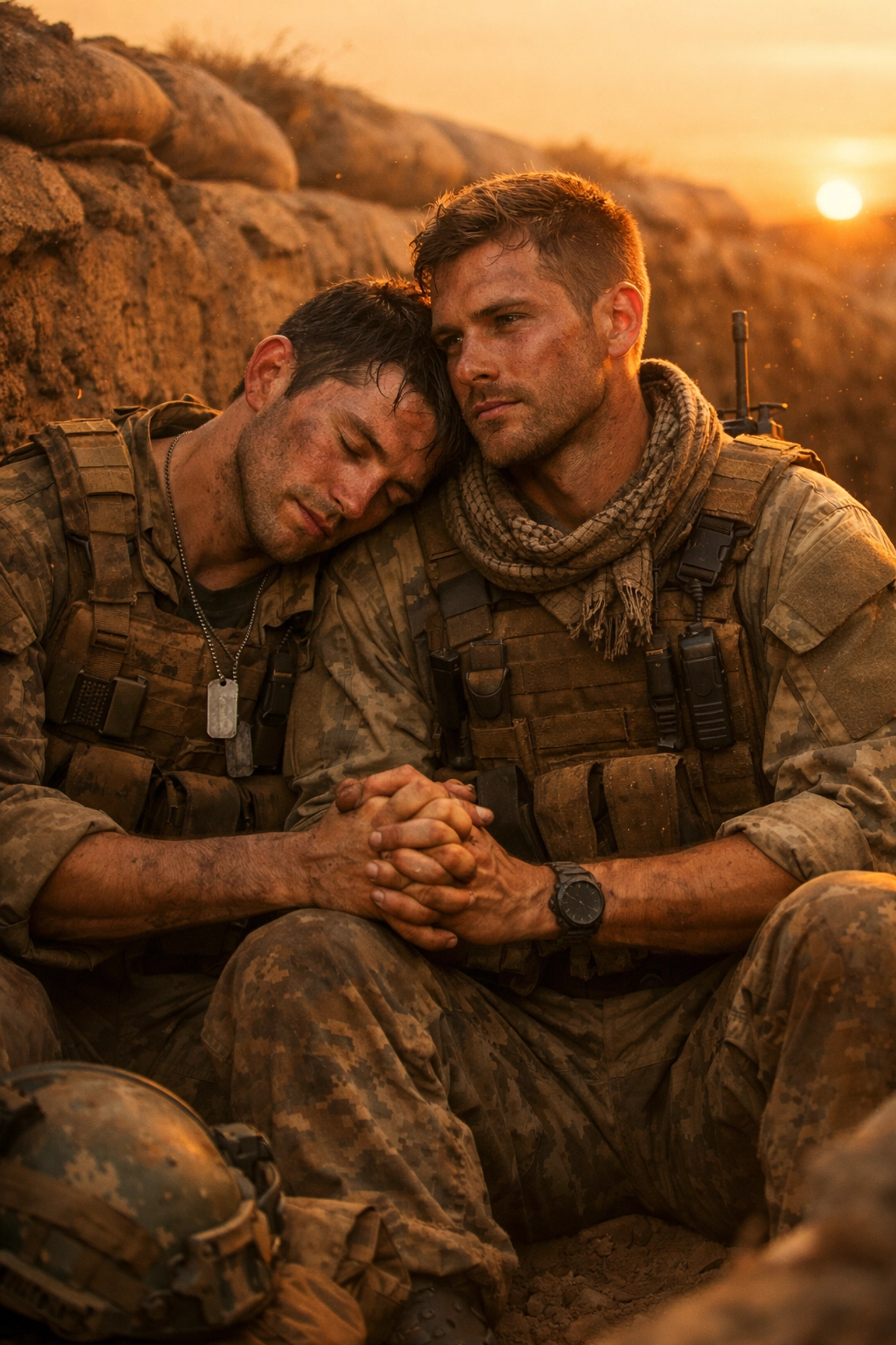 Two gay soldiers in a military trench share a moment of support and romantic solidarity on the Ukrainian frontlines.