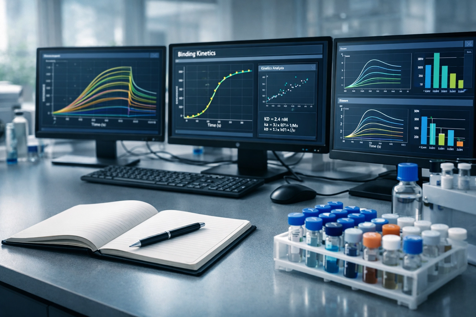 Laboratory data analysis screens showing binding kinetics and characterization results from CRO