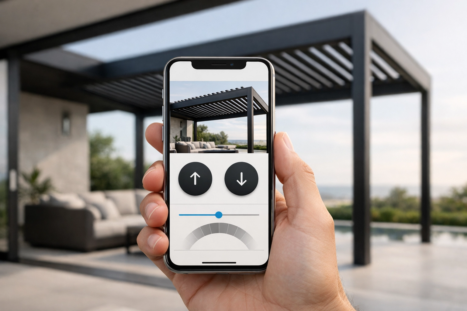 Close-up of a smartphone using a smart home app to control a matte black motorised louvre pergola remotely in a refined outdoor setting.
