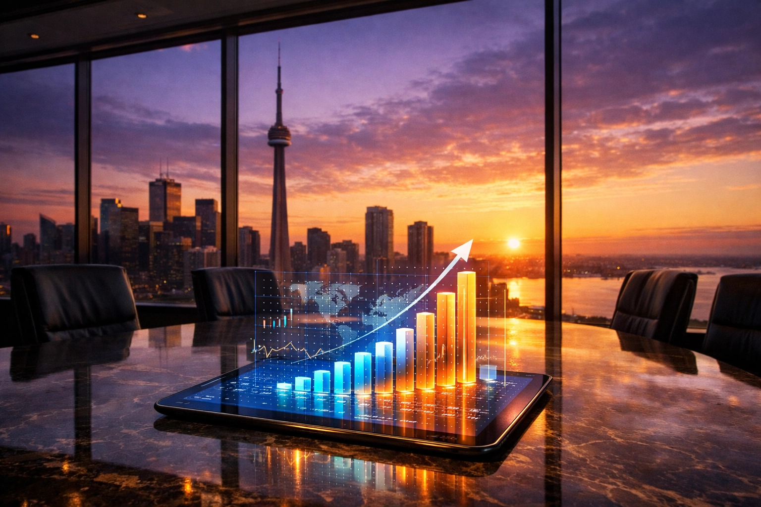 Digital marketing growth charts in a Toronto boardroom representing successful local SEO results.