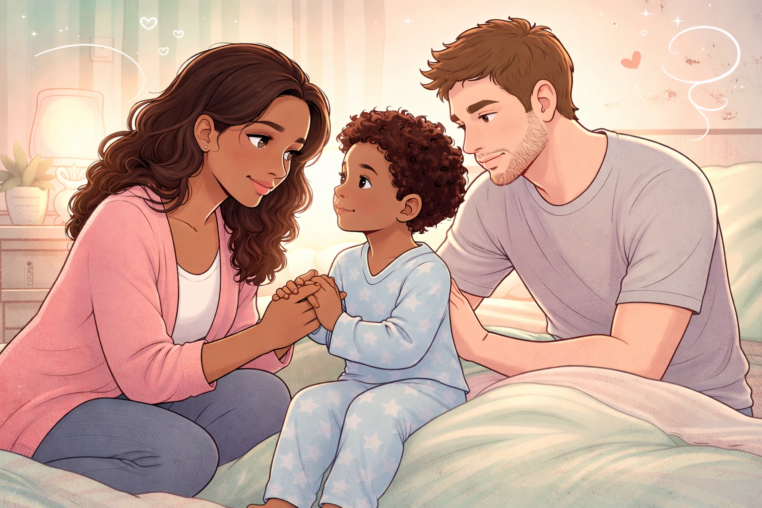 Mother comforts son at bedtime, showing supportive communication in bedwetting help nighttime routine.