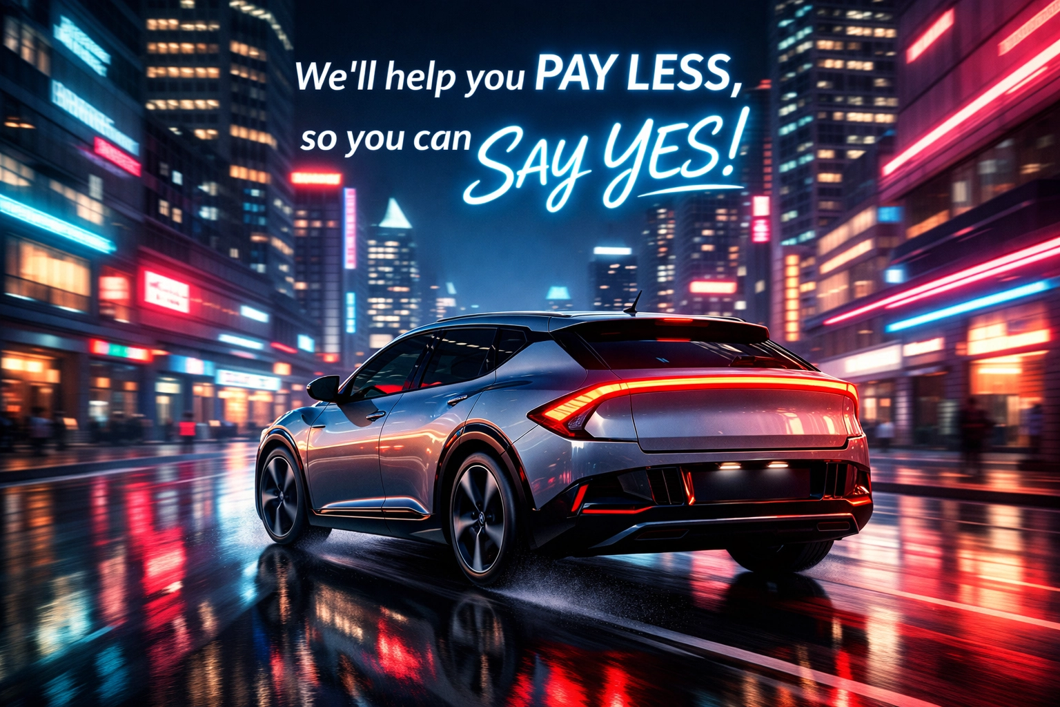 Futuristic Kia EV6 electric crossover driving through a vibrant city center at night.