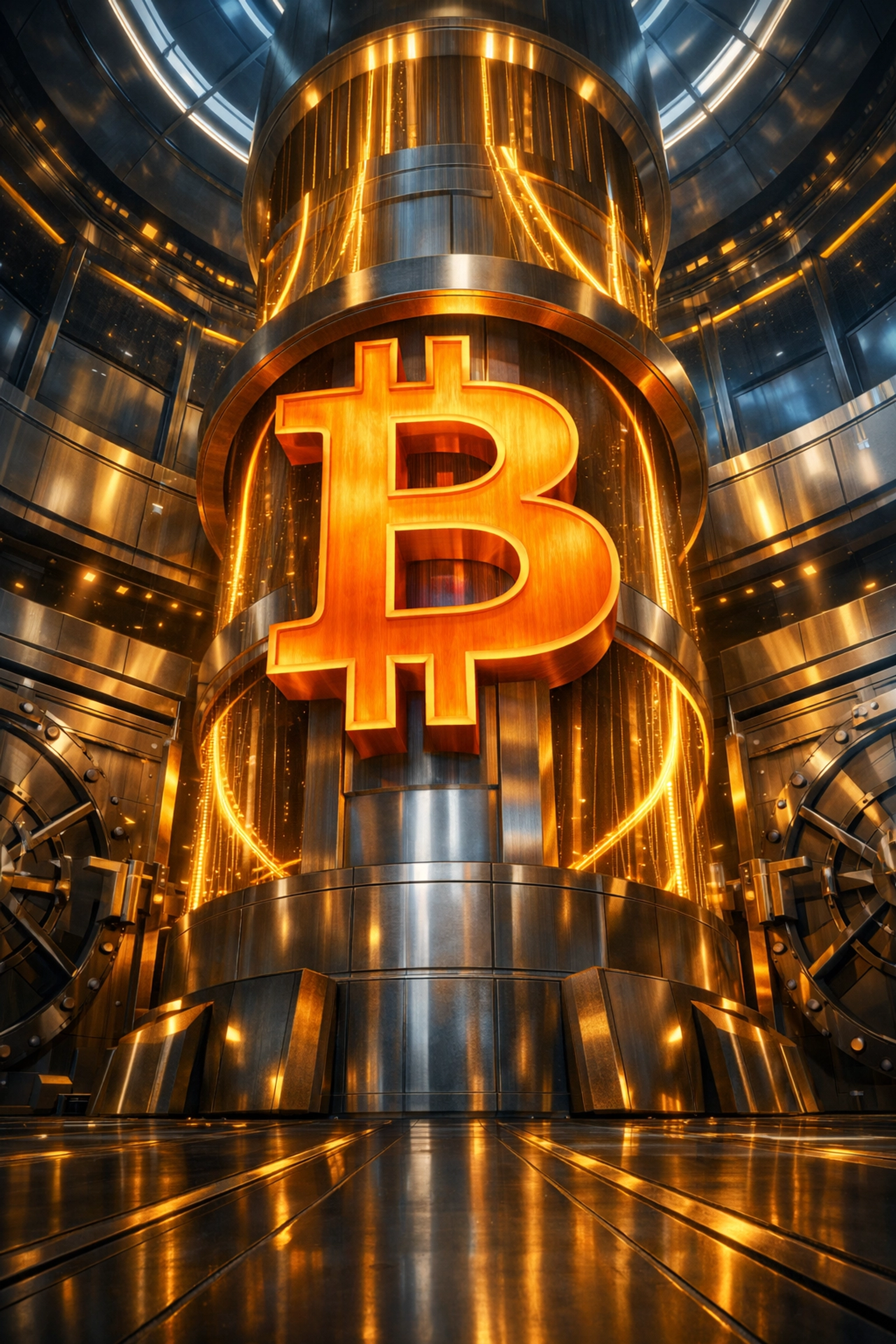 Bitcoin symbol glowing inside a high-tech central bank vault, representing secure institutional digital assets.