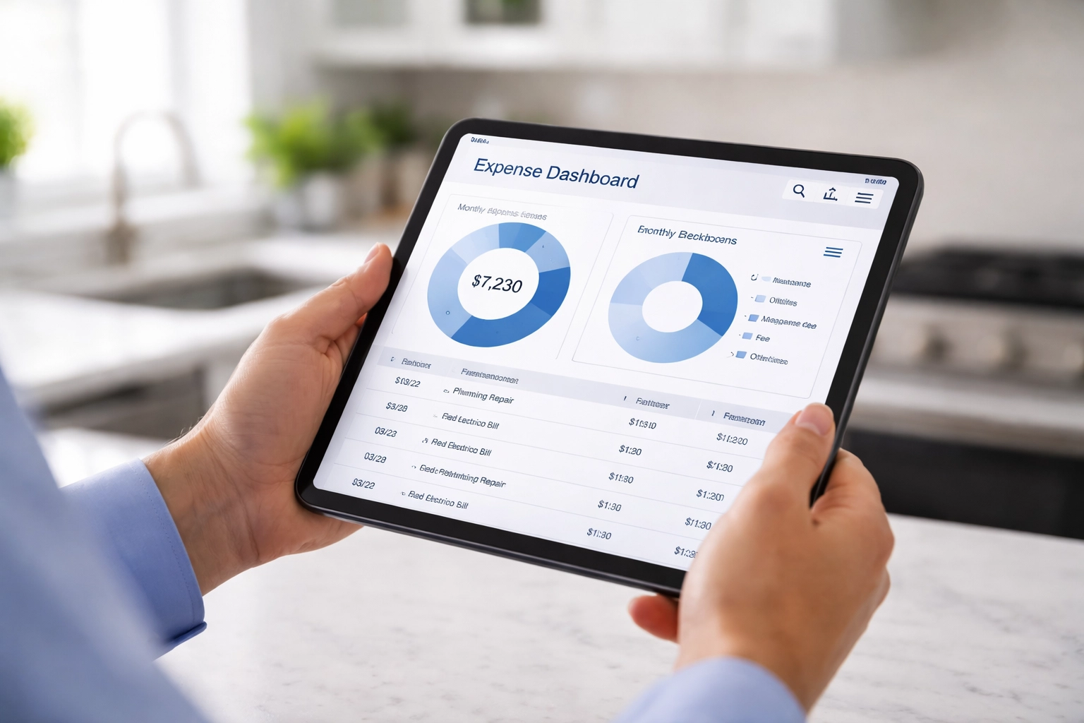 Property manager using a tablet to monitor real-time expenses with AI, set in a bright rental property kitchen