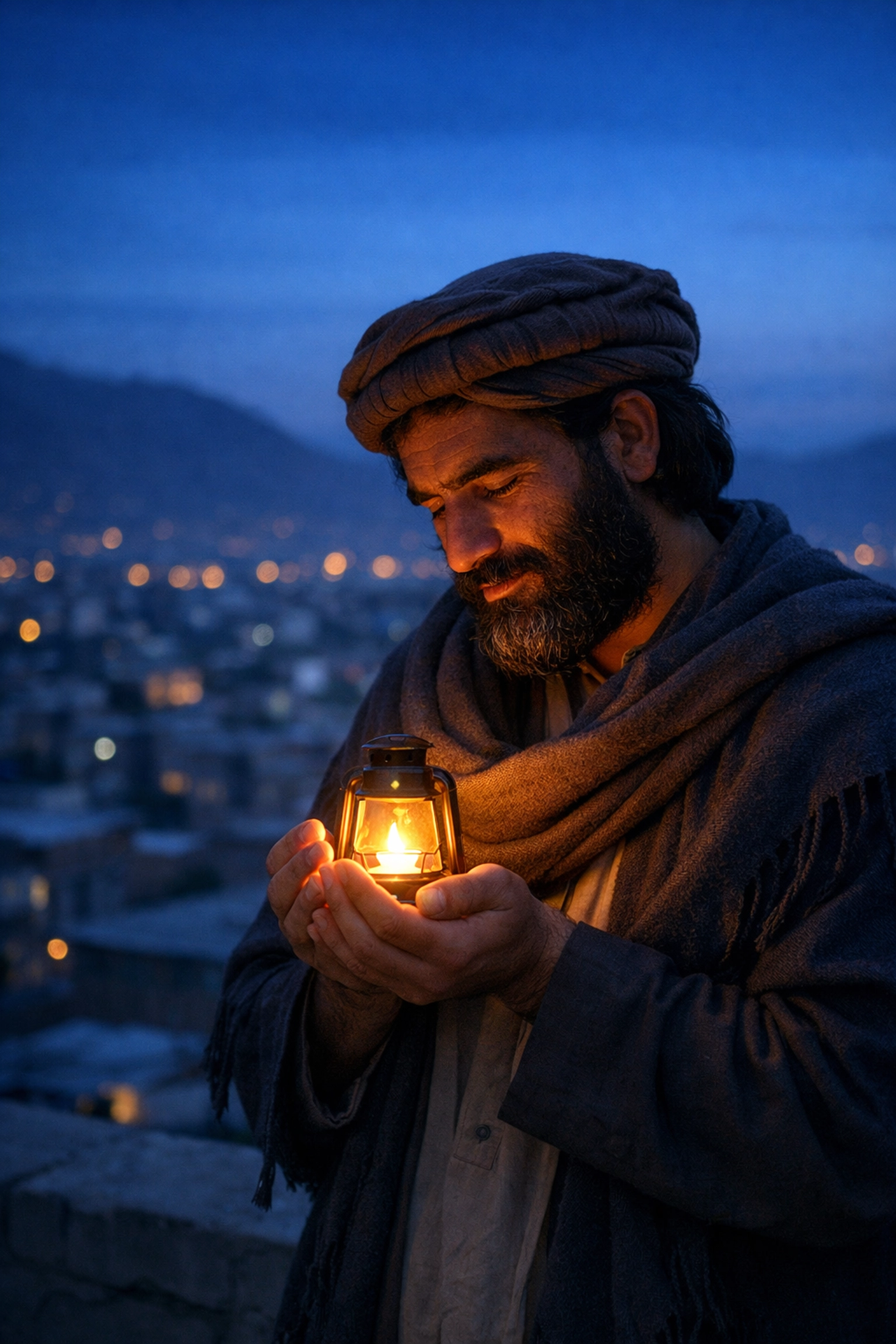 Afghan man on a rooftop at twilight holding a glowing lantern, representing a shift toward gentle masculinity.