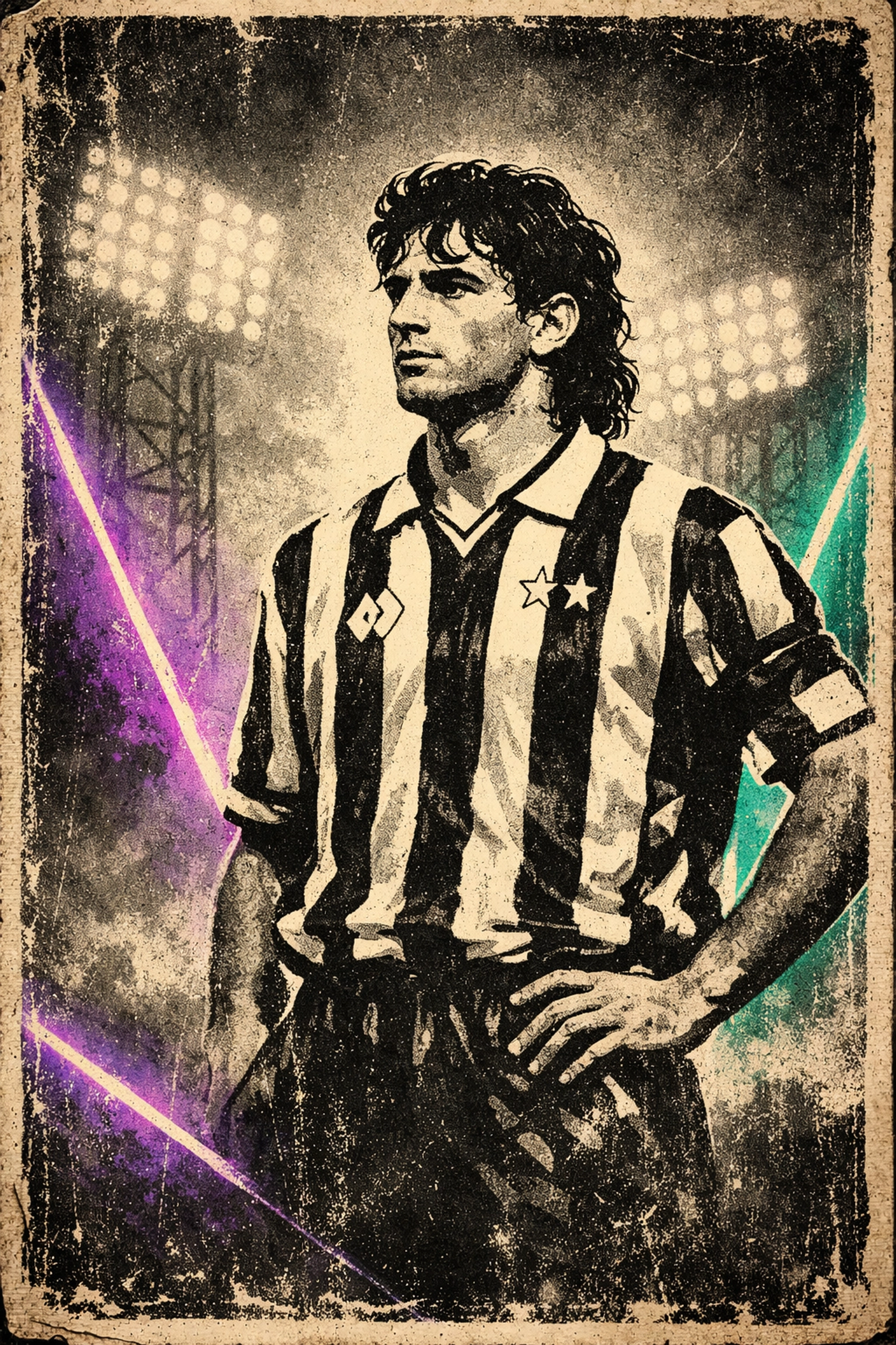 Vintage graphic illustration of Pinturicchio Del Piero in a classic kit under 90s stadium lights.