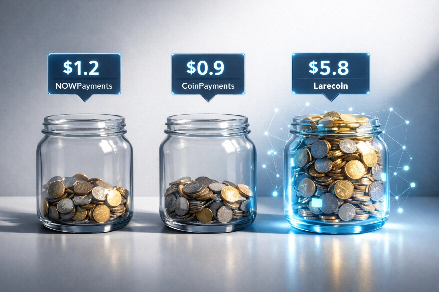 Crypto payment processor fee comparison showing NOWPayments, CoinPayments, and Larecoin transaction costs