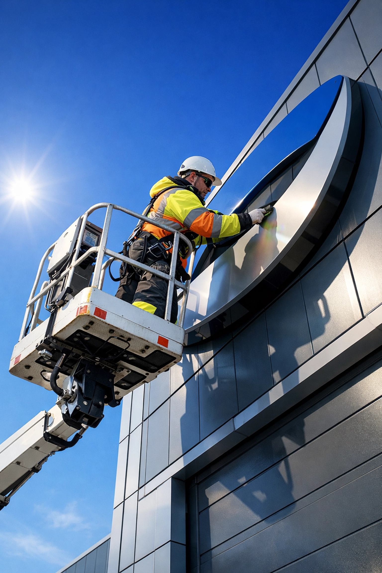 Fachgerechte Montage einer Lichtwerbeanlage an einer hohen Gebäudefassade durch Profis.