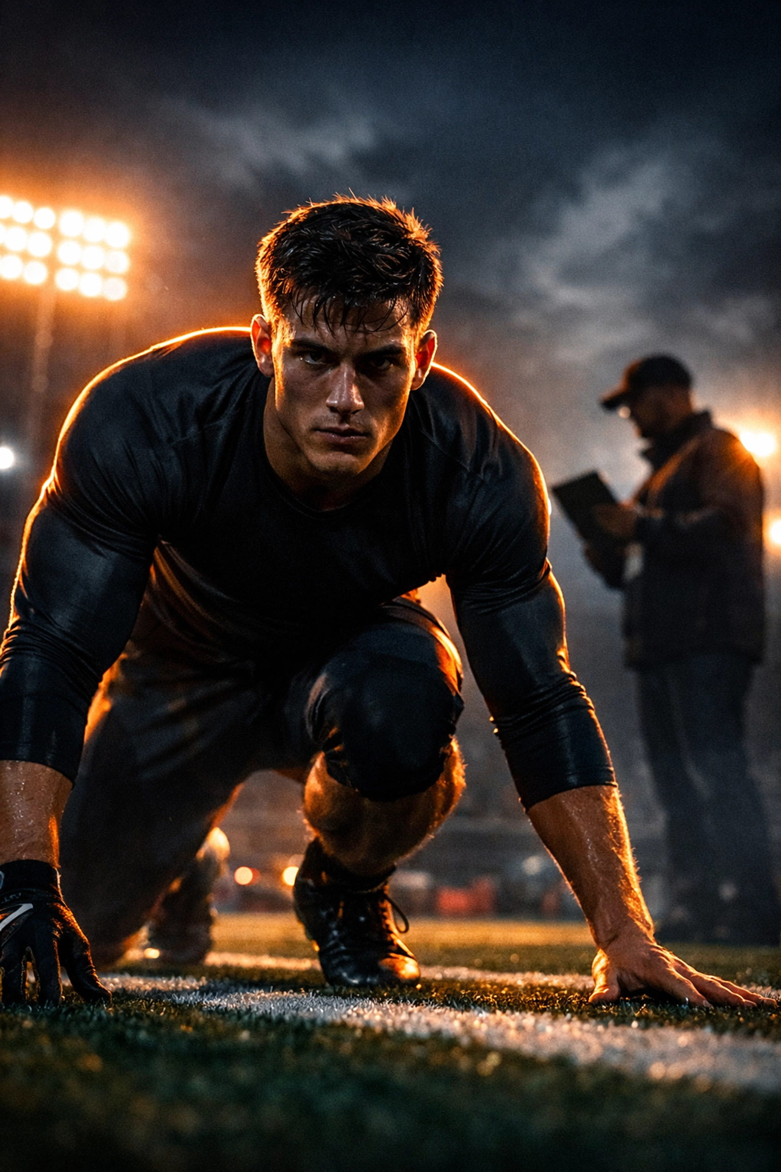 High school football athlete in a sprinter's start being evaluated by a college scout at a recruiting showcase.