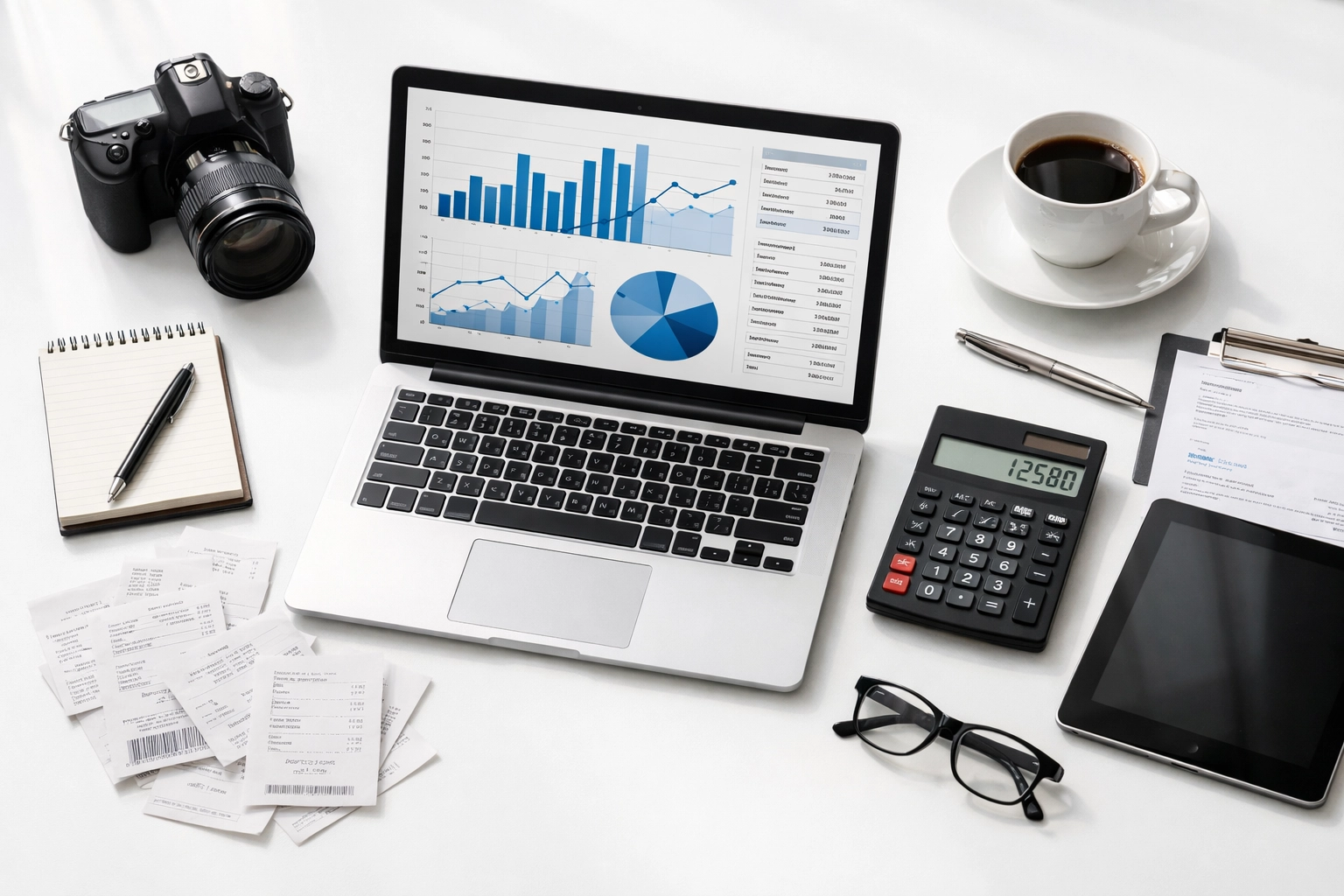 Small business owner reviewing tax documents and receipts for 2026 bonus depreciation deductions