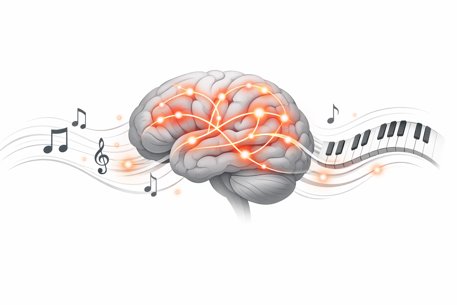 Brain illustration showing neuroscience behind fun piano learning and flow state