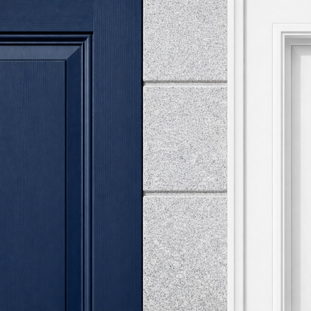 Exterior color coordination featuring a navy blue front door and grey masonry in Cheltenham.