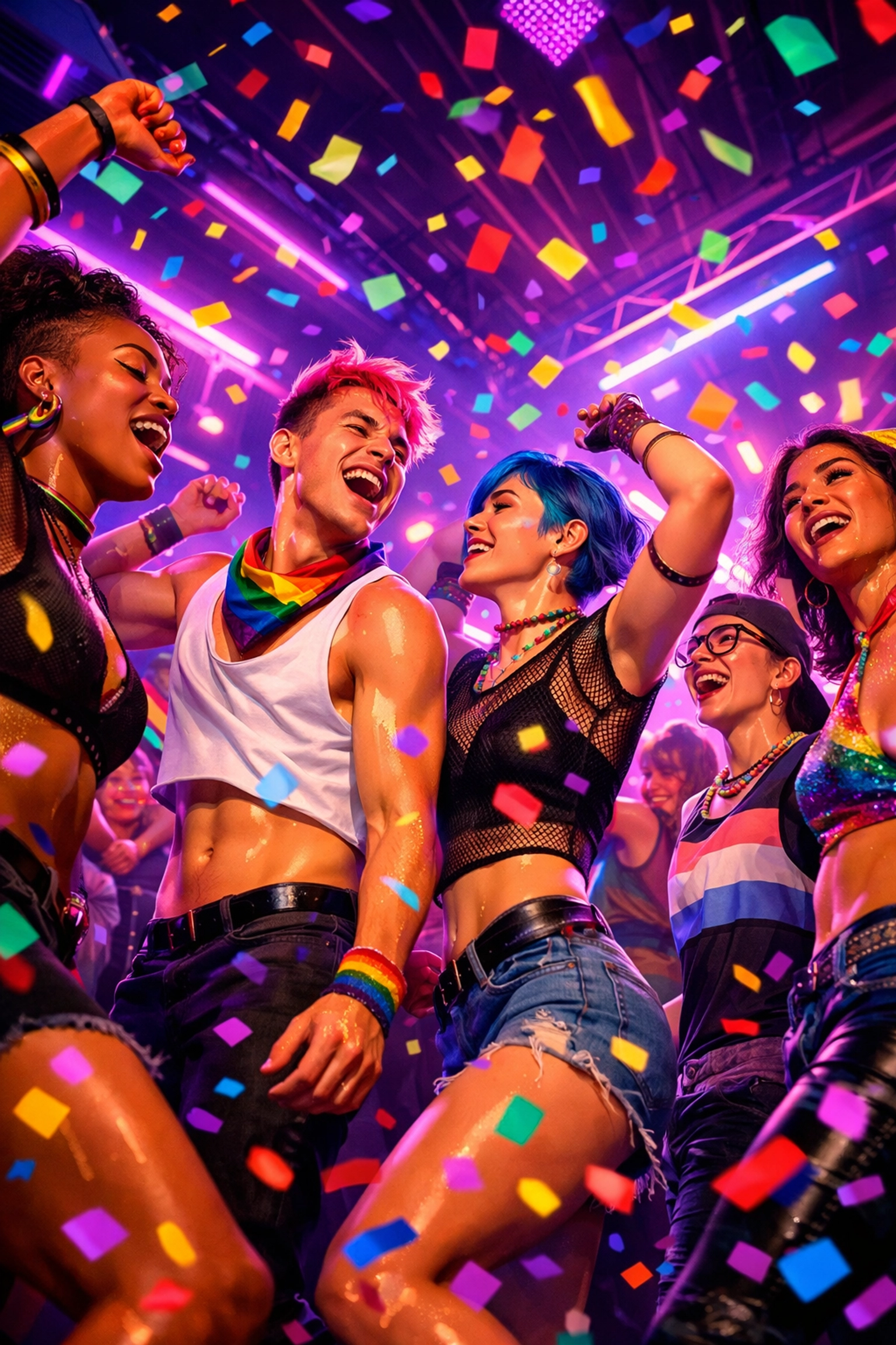 Young LGBTQ+ people dancing at Pride celebration with rainbow confetti and neon lights