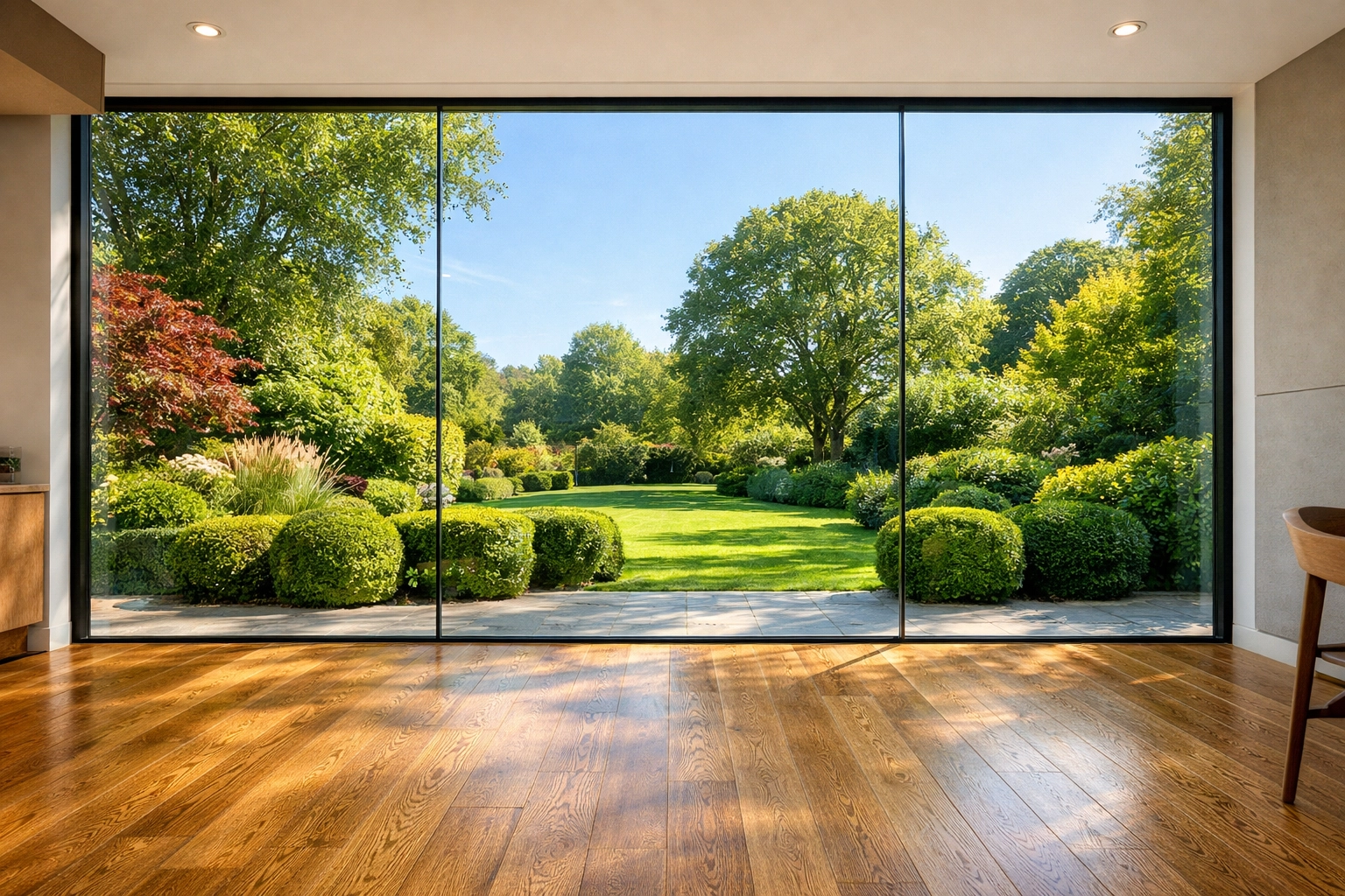 Interior of a modern Winchester home with crystal-clear floor-to-ceiling windows overlooking a lush garden.