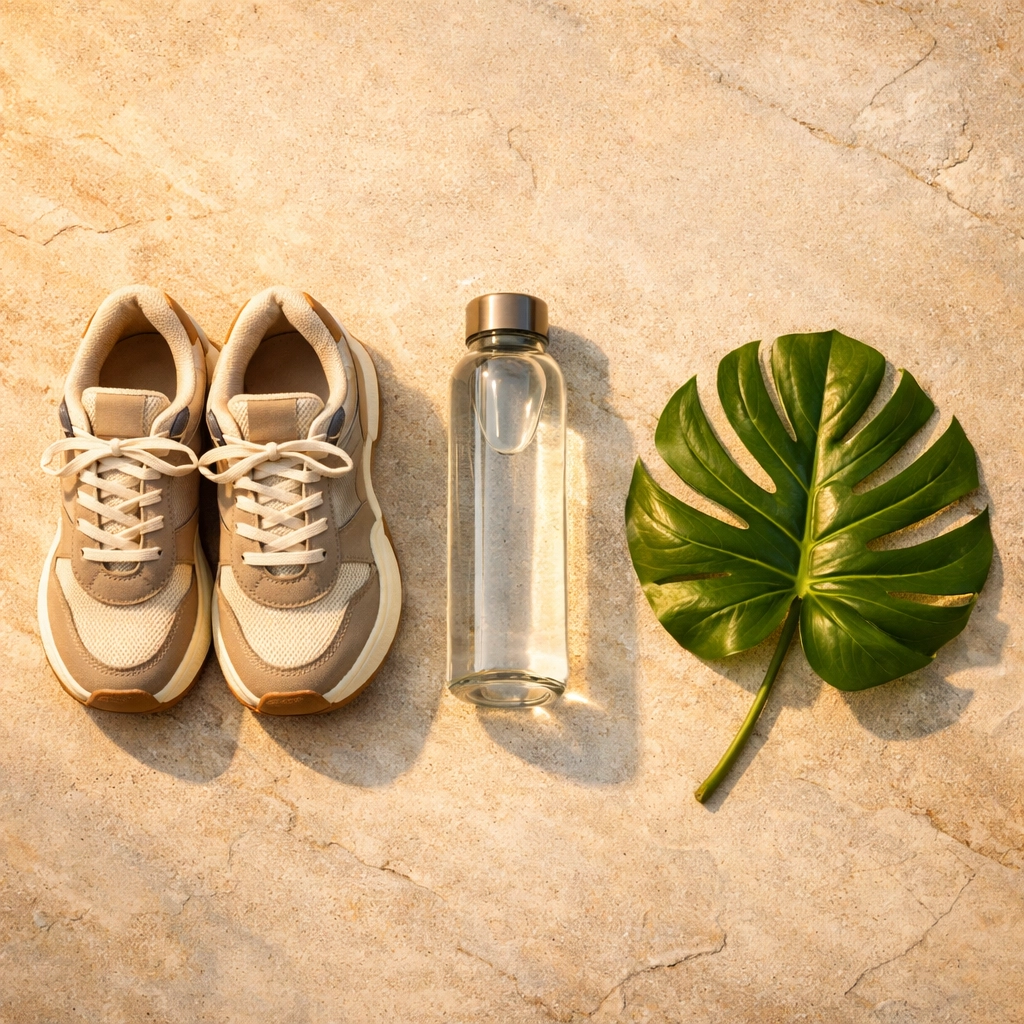 Minimalist layout of fitness essentials, representing a personalized journey toward wellness optimization.