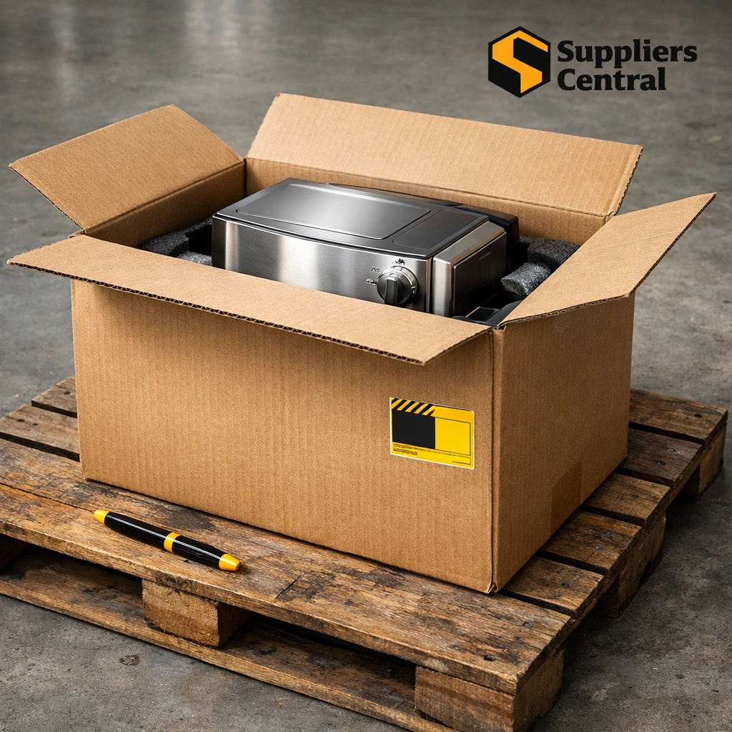 Open-box kitchen appliance inside a liquidation pallet wholesale in a professional warehouse setting.