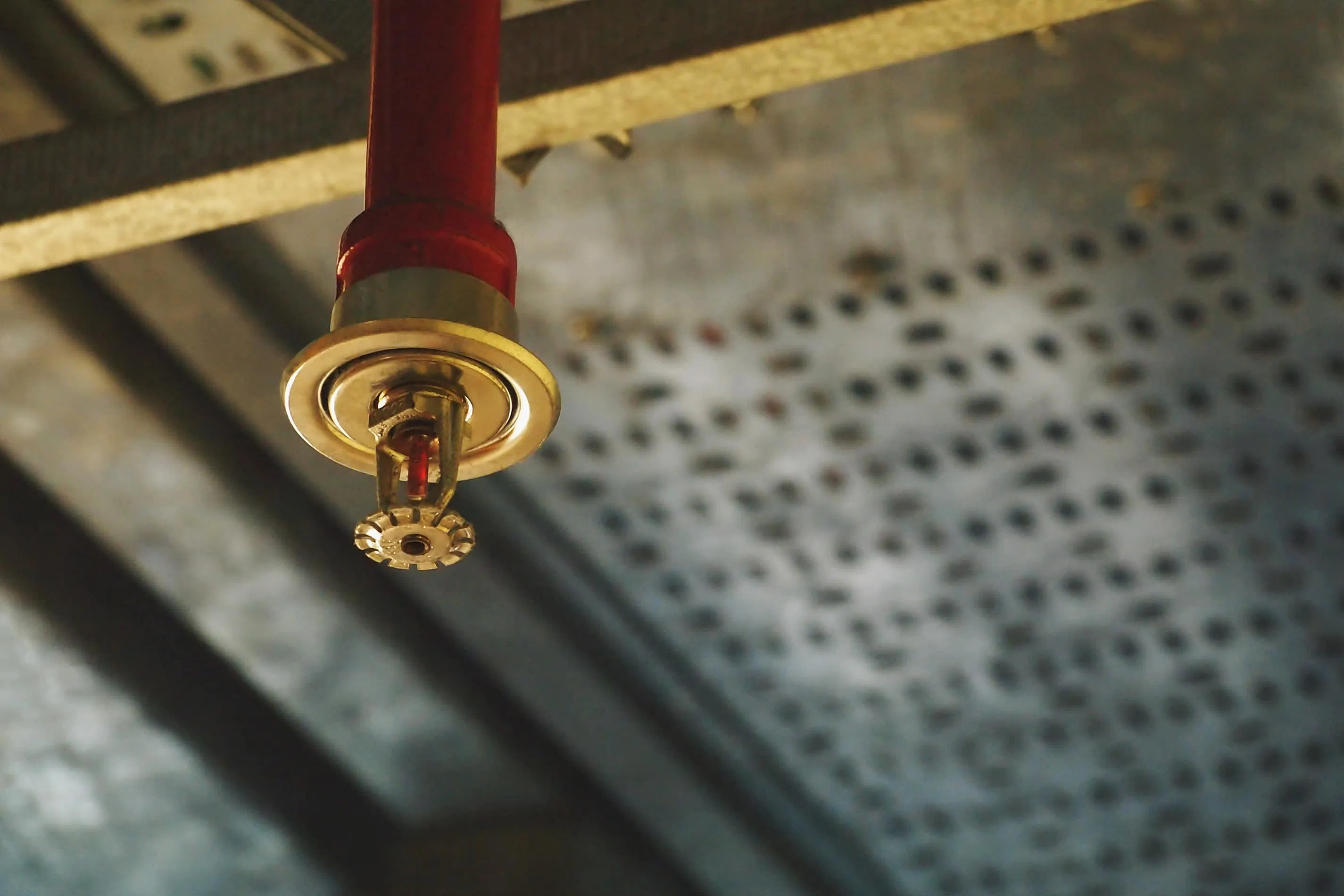 Closeup of a mounted commercial fire sprinkler head