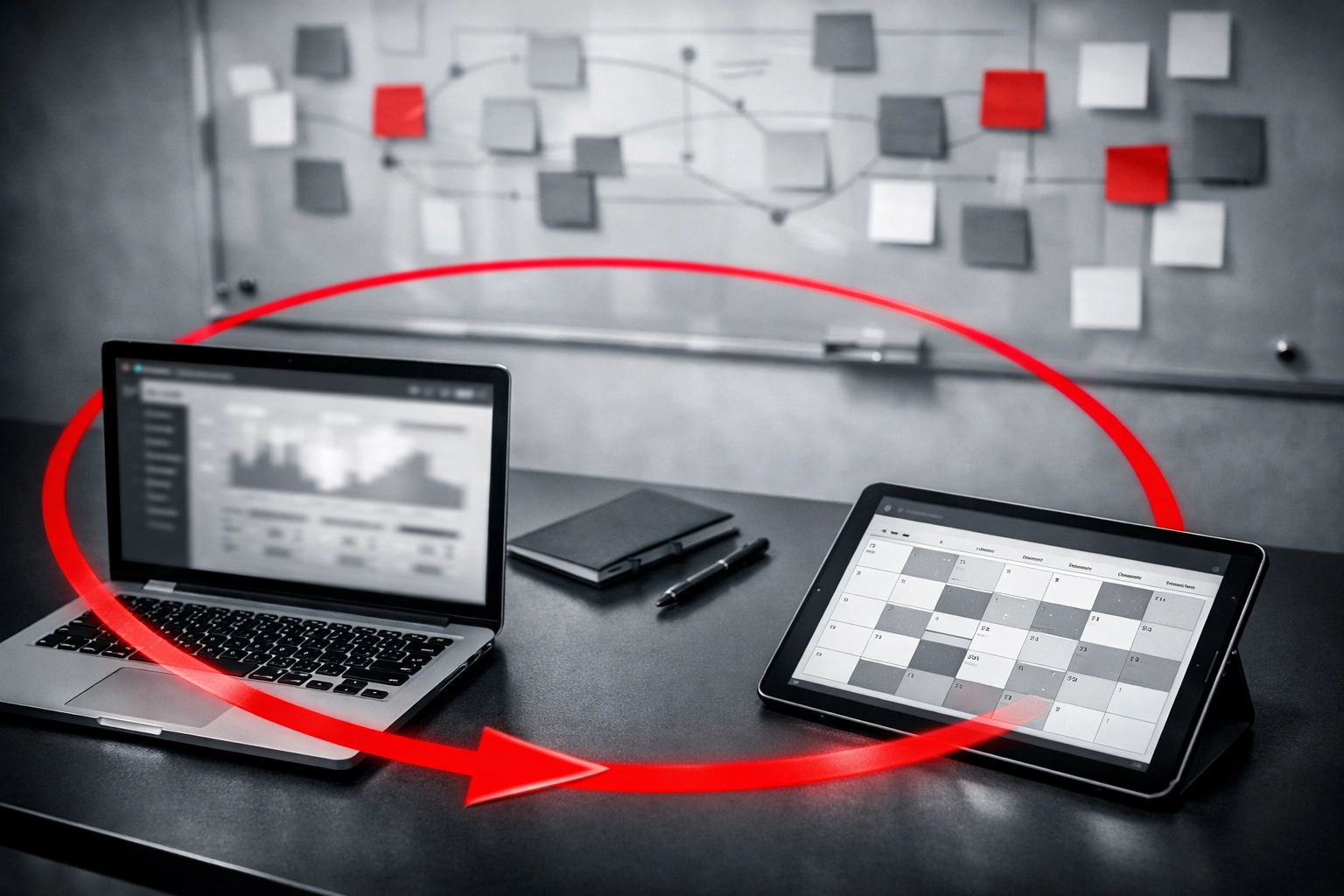 Digital strategy workspace with a loop motif representing continuous AI SEO optimization and website maintenance.