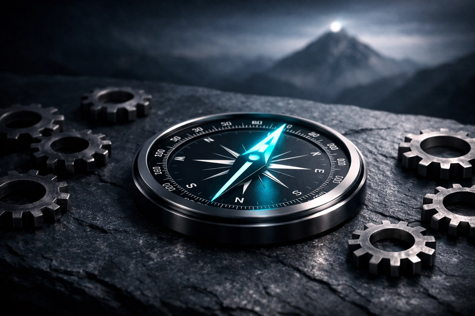 Glowing compass guiding toward a mountain peak, illustrating the shift from business outputs to strategic outcomes.