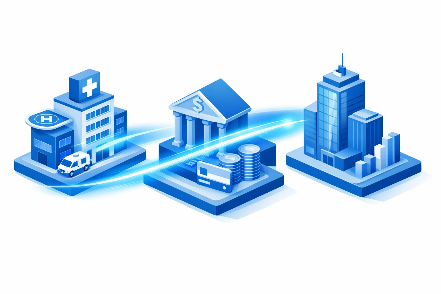 Illustration of a digital scan on industry buildings representing a cyber insurance underwriting audit