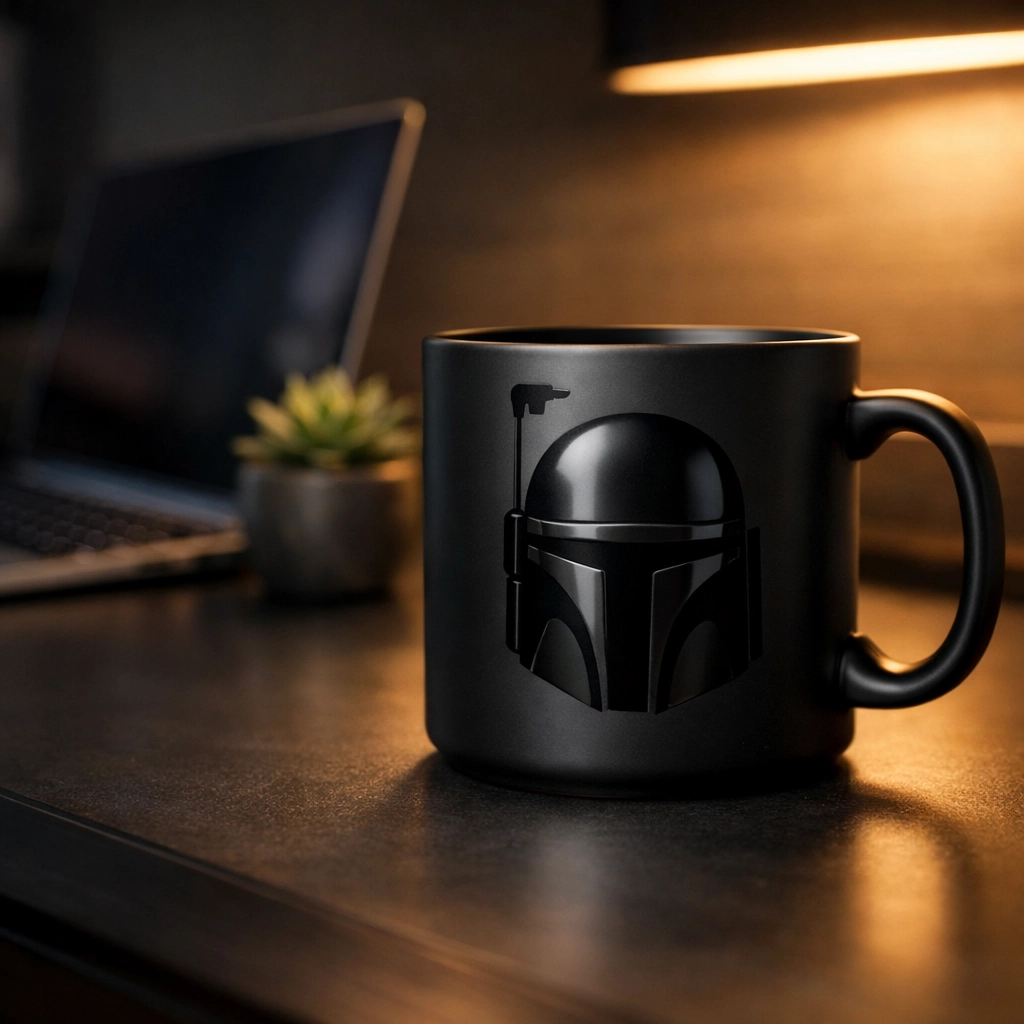 Minimalist movie themed mug on a professional desk as a perfect home office desk flex.