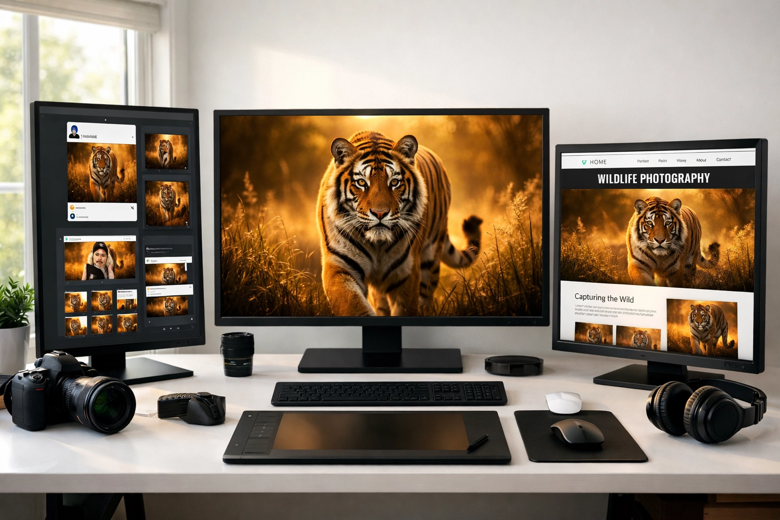 Multi-screen setup showing wildlife photography formatted for different digital platforms