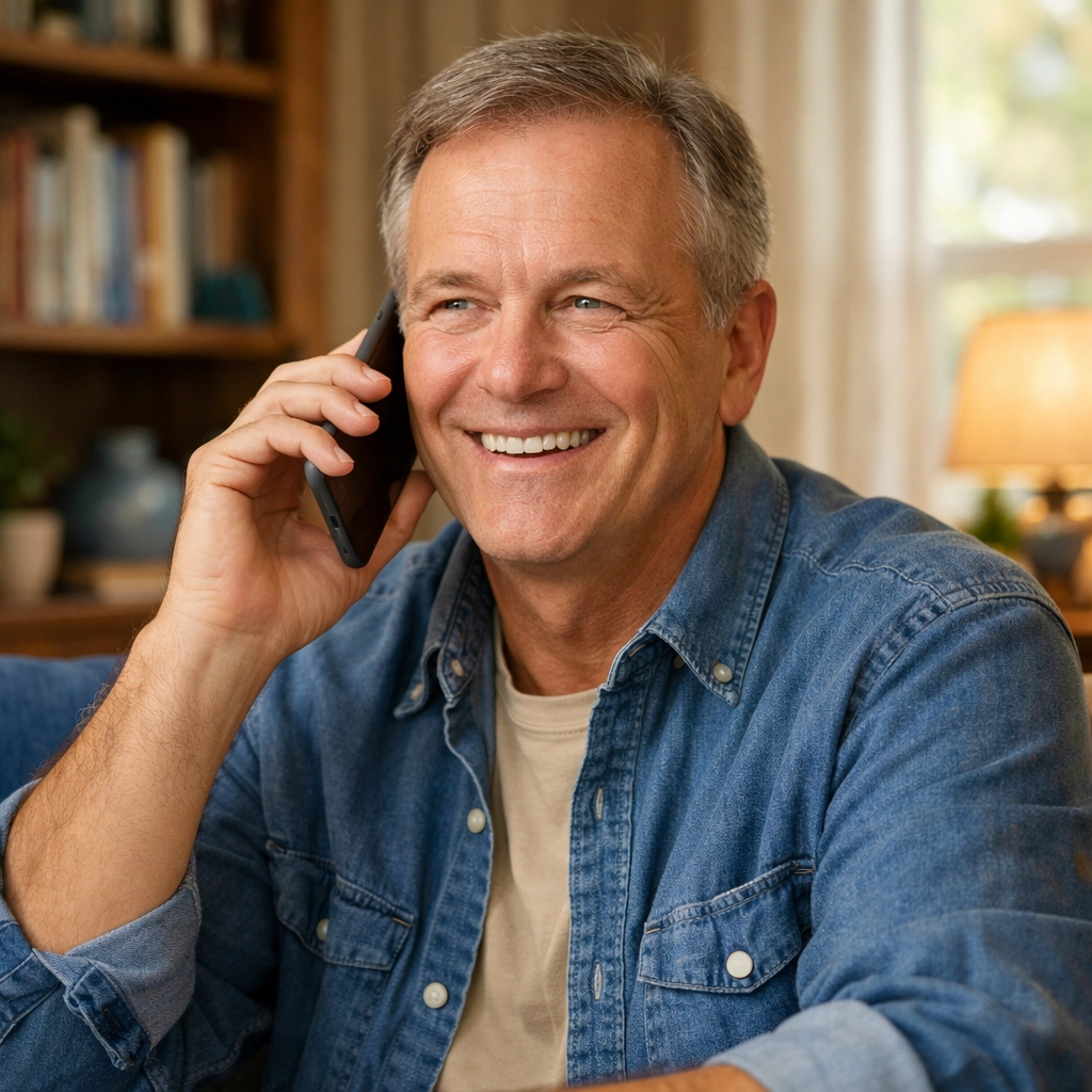 Happy donor engaged in personal phone conversation with nonprofit virtual calling assistant