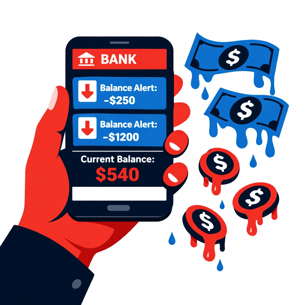 Money slipping away from smartphone banking app illustrating common spending mistakes
