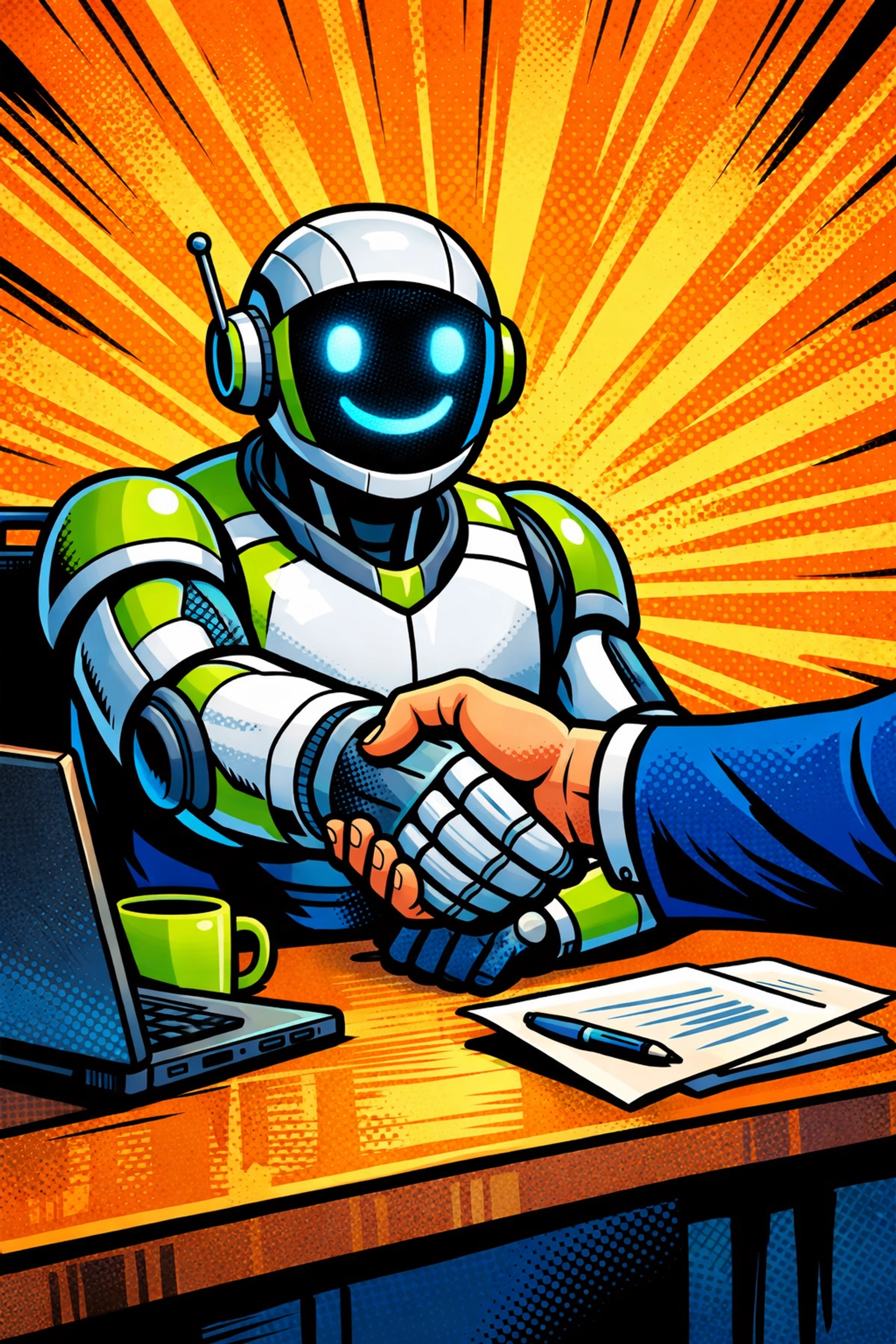 AI virtual assistant shaking hands with a business owner symbolizing reliable and consistent automation.