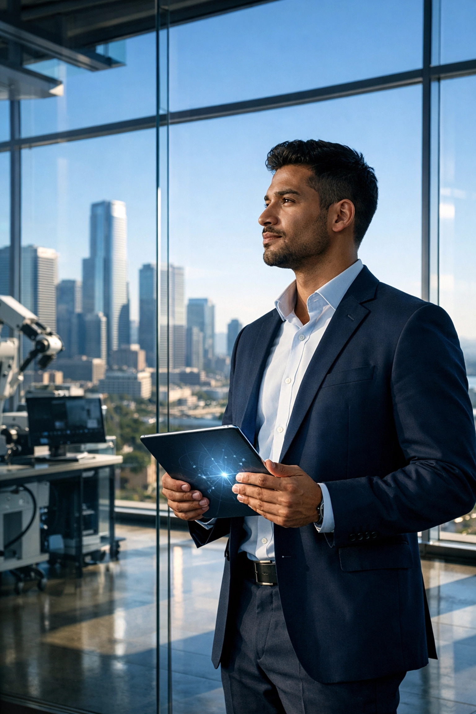 A future-ready professional with a digital tablet overlooking a modern city from an innovation center.