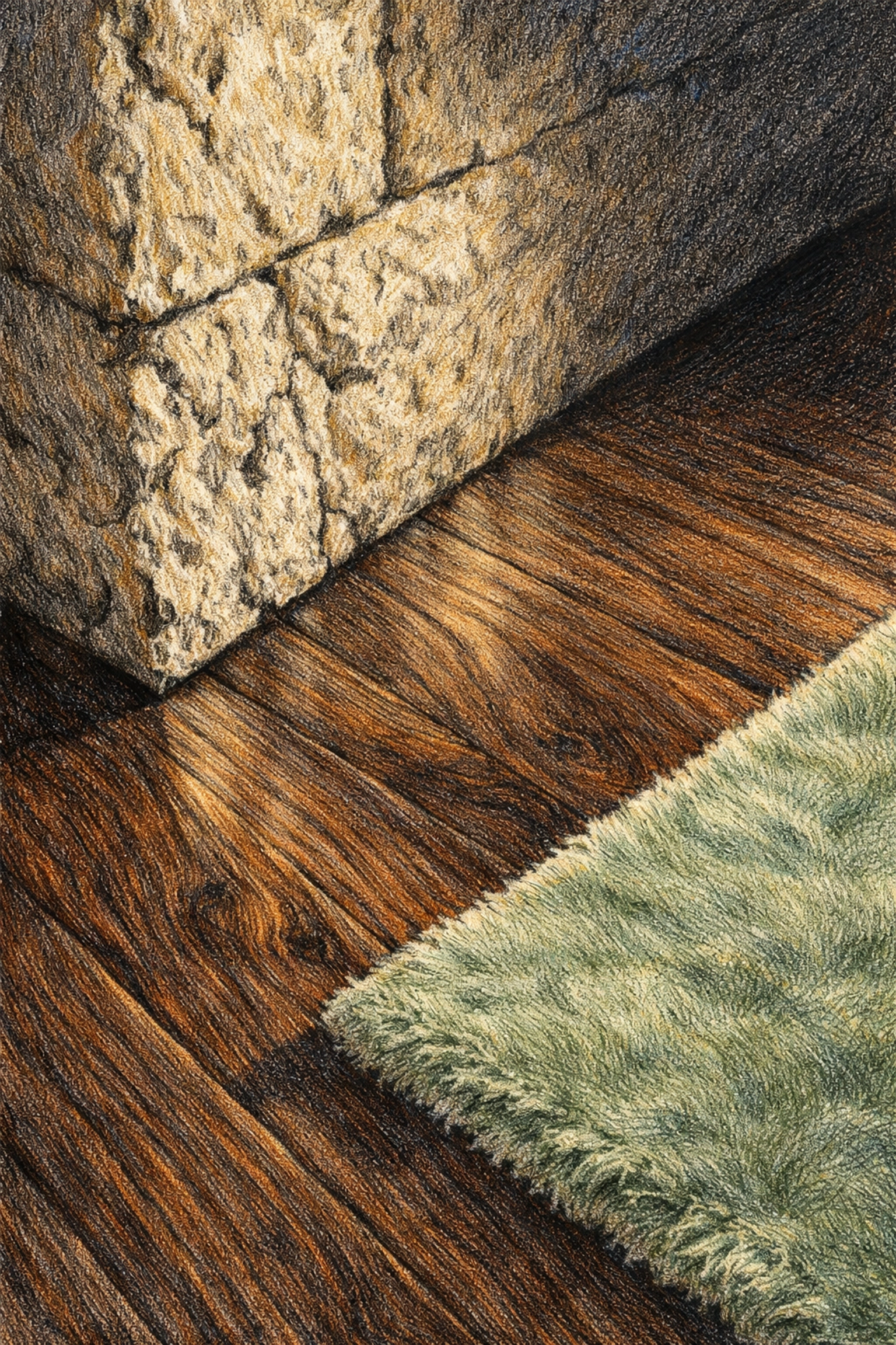 Close-up of natural limestone and walnut wood flooring in a luxury hotel interior.